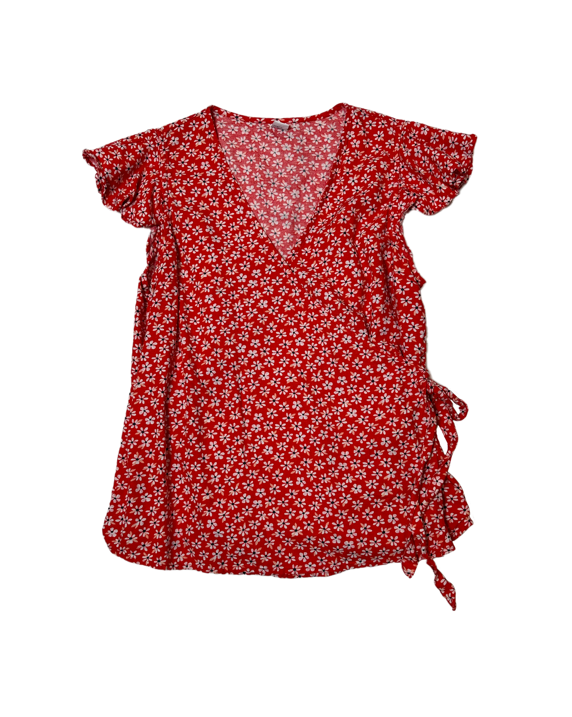Old Navy Red Floral Print Wrap Shirt with Flutter SleevesThis cute flutter sleeve wrap top is a great way to add a pop of color and interest to a basic pair of jeans or a wide leg pant. Add a strappy sandal and you are reaNavy Red Floral Print Wrap ShirtShirt