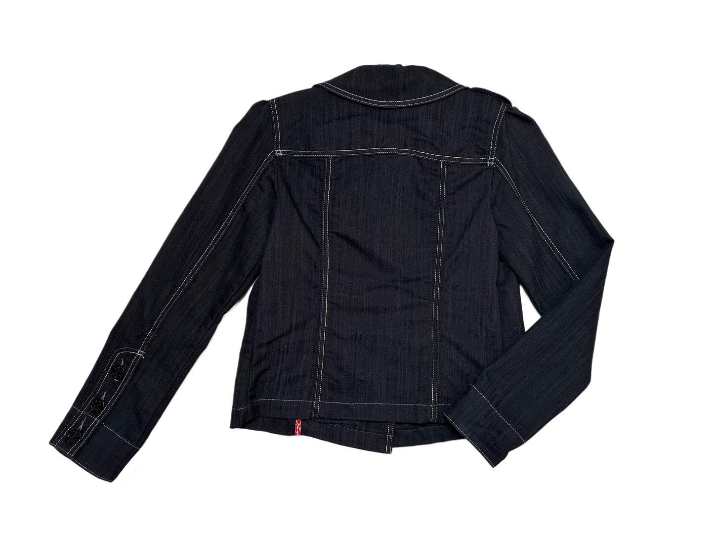 Sanctuary Clothing Black Denim JacketThe "Peter Pan" collar and white top stitching on this jacket add such nice detail, not to mention the button flap pockets!