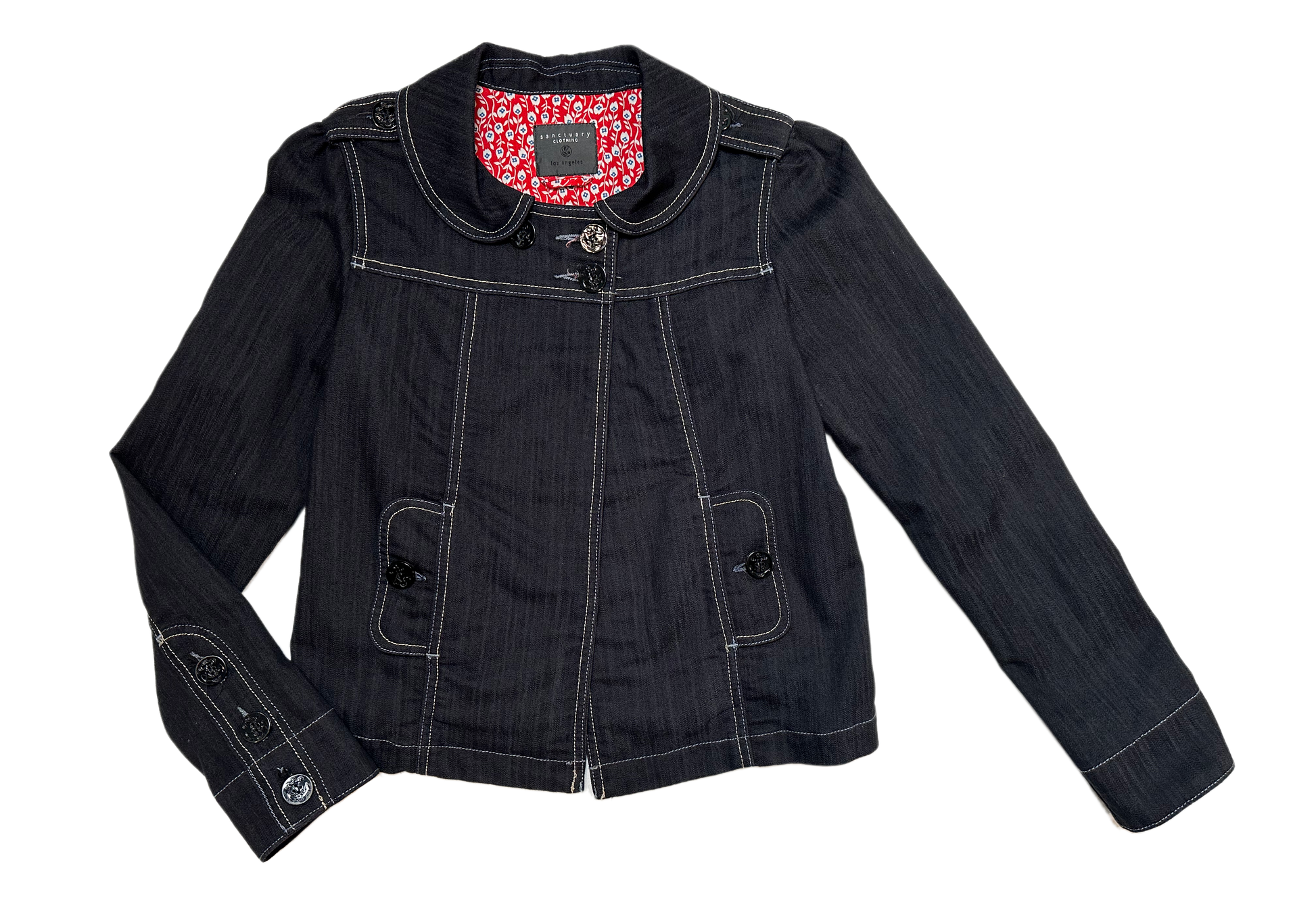 Sanctuary Clothing Black Denim JacketThe "Peter Pan" collar and white top stitching on this jacket add such nice detail, not to mention the button flap pockets!