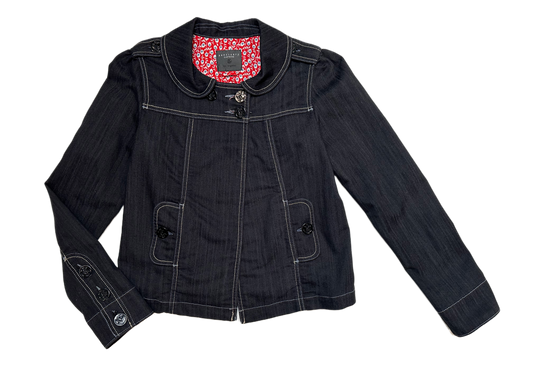 Sanctuary Clothing Black Denim JacketThe "Peter Pan" collar and white top stitching on this jacket add such nice detail, not to mention the button flap pockets!