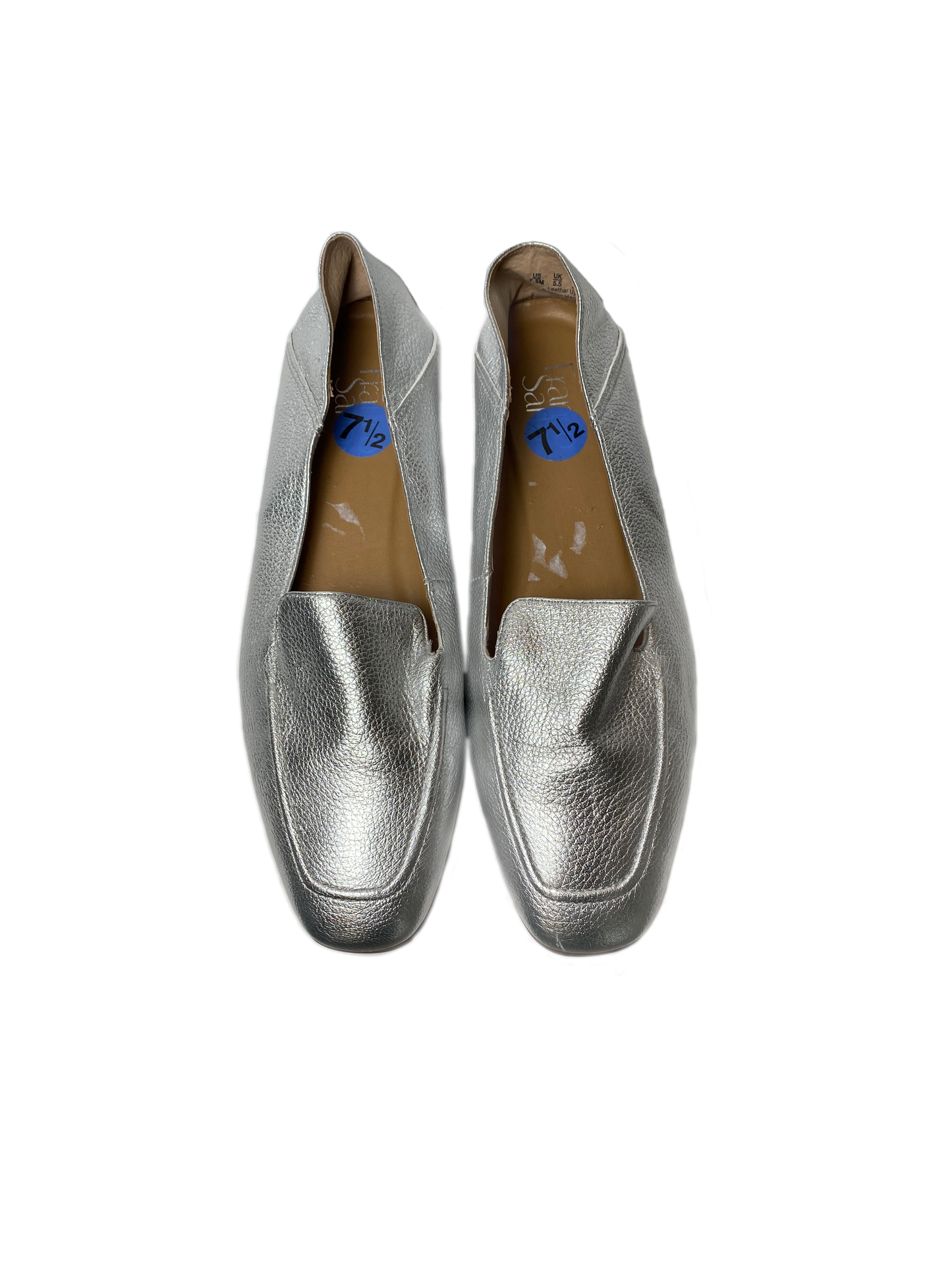 Franco Sarto Silver L-Gracie Slip-On Loafers - EUCBeautiful silver metallic leather slip-on loafers. These are the perfect easy wear shoes for an on the go day.
