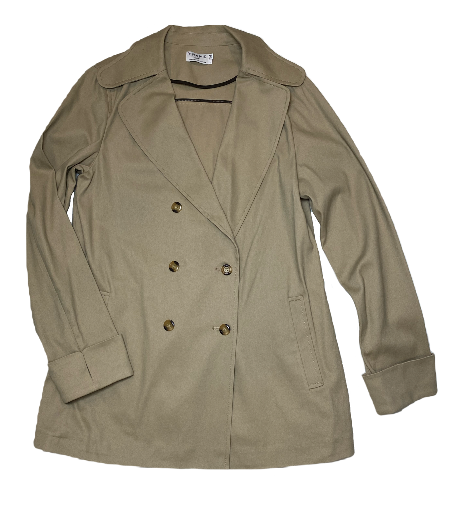 FRAME Tan Double Breast Trench Style JacketTan double breasted trench style jacket with notched collar and cuffs and pockets.
Every closet needs a jacket like this! Perfect for year round wear.