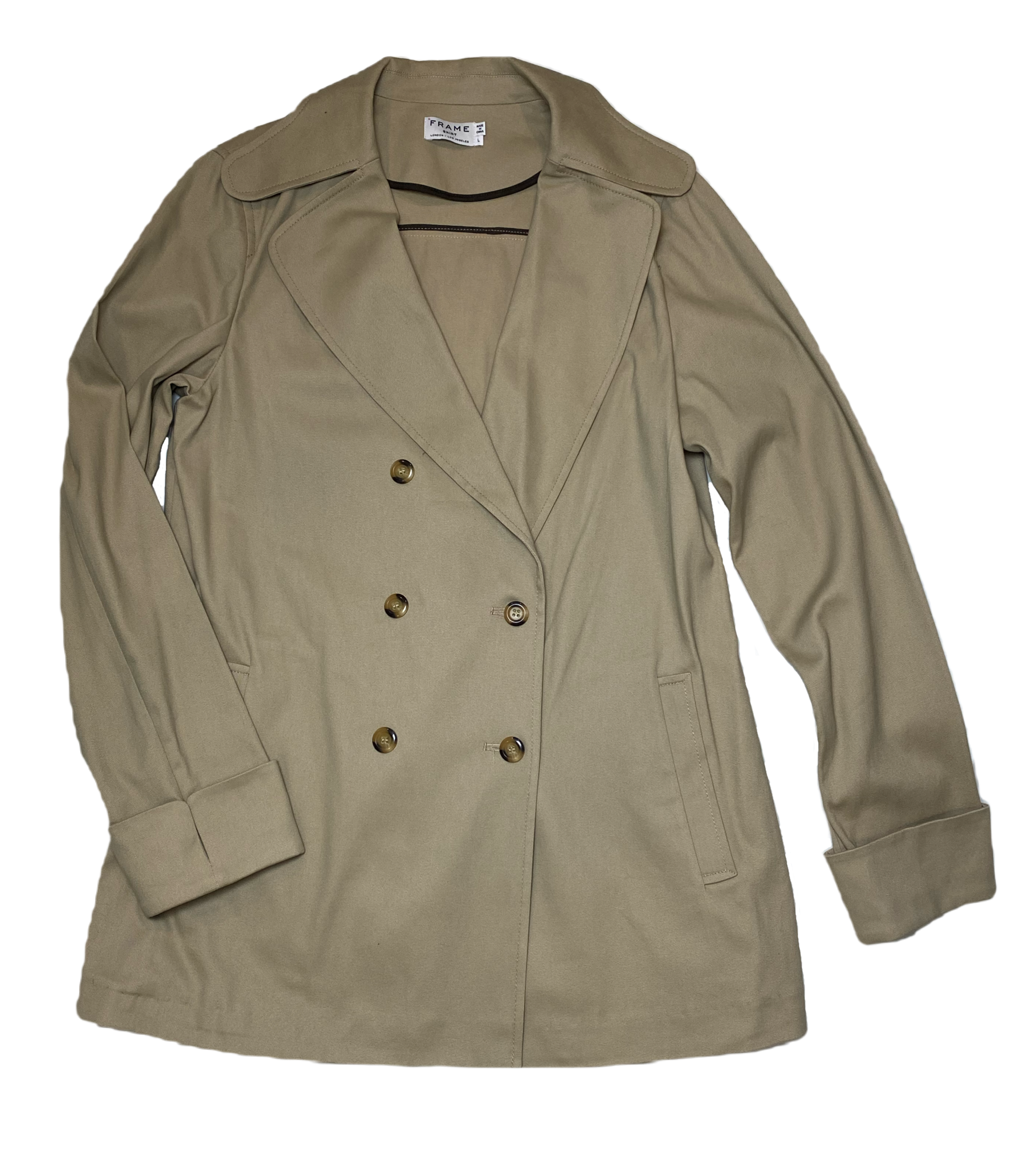 FRAME Tan Double Breast Trench Style JacketTan double breasted trench style jacket with notched collar and cuffs and pockets.
Every closet needs a jacket like this! Perfect for year round wear.