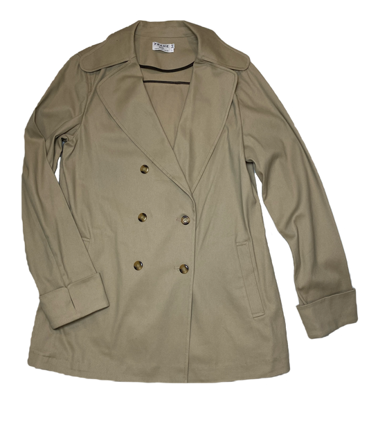 FRAME Tan Double Breast Trench Style JacketTan double breasted trench style jacket with notched collar and cuffs and pockets.
Every closet needs a jacket like this! Perfect for year round wear.