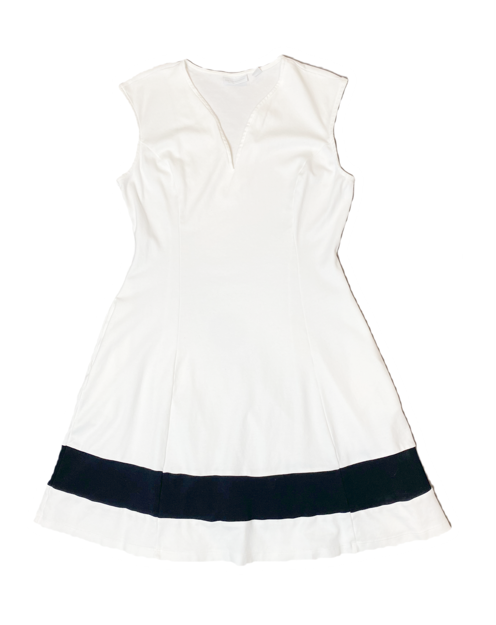 New York and Company White Fit and Flare Dress New York and Company white sleeveless fit and flare dress with black band at bottom.