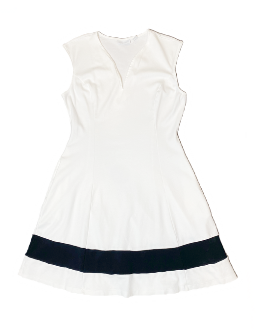 New York and Company White Fit and Flare Dress New York and Company white sleeveless fit and flare dress with black band at bottom.