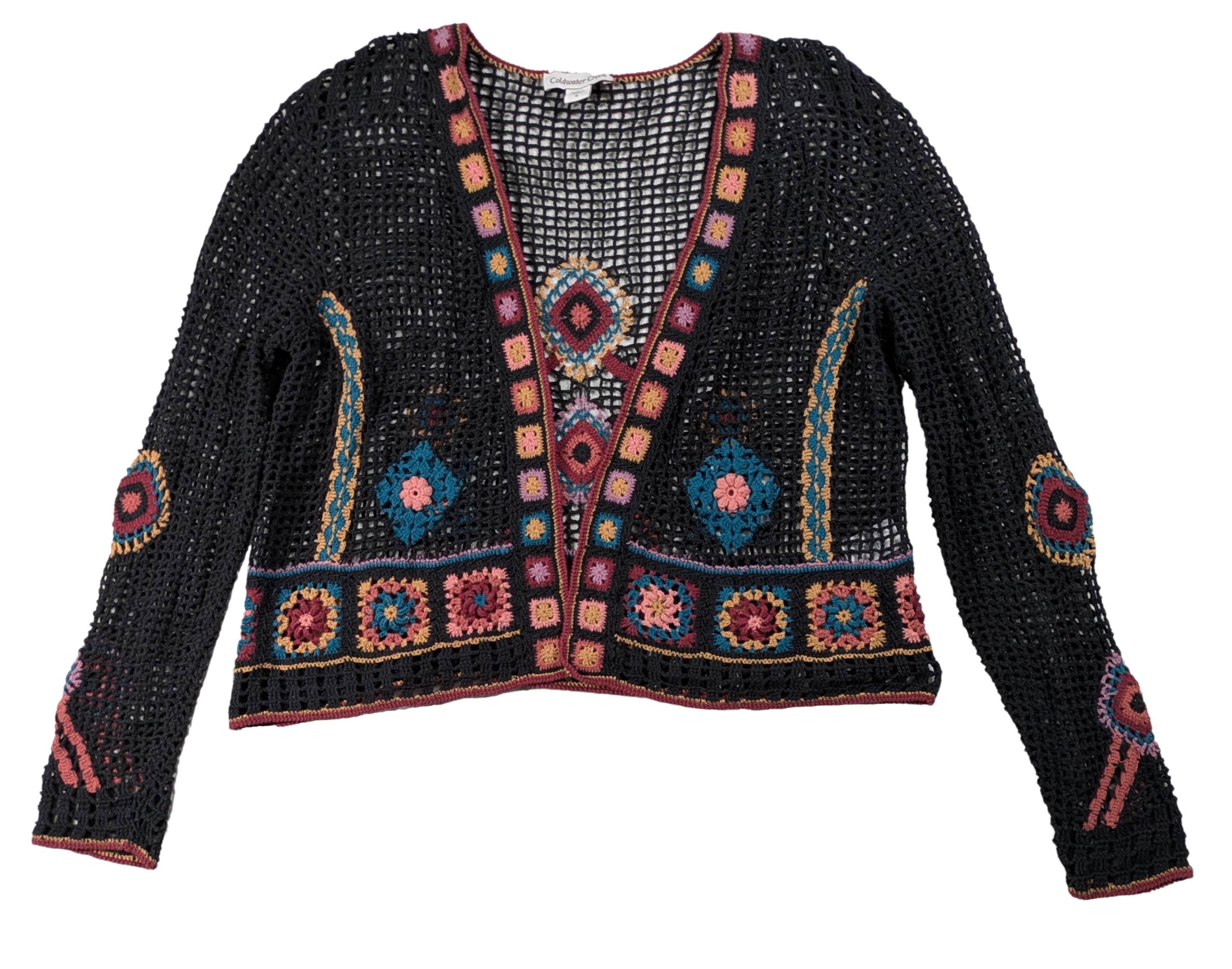 Coldwater Creek Multicolor Crochet Sweater Size Small Stay cozy and stylish with this Coldwater Creek Multicolor Crochet Sweater in size small. Handcrafted with croc
