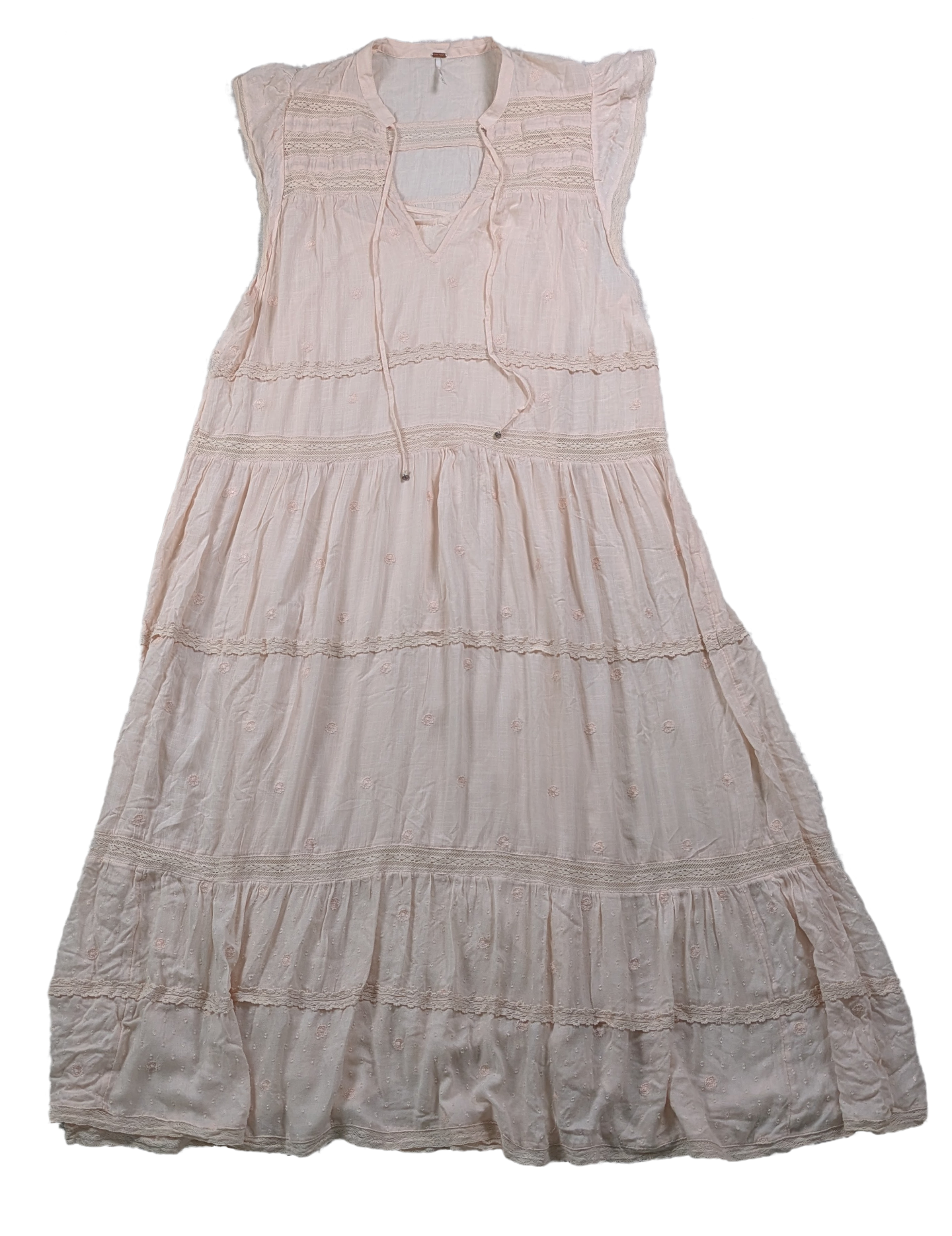 Free People Blush Midnight Midi Dress Size Large Indulge in a touch of blush with the Free People Midnight Midi Dress. This playful v-neck dress will have you feelin