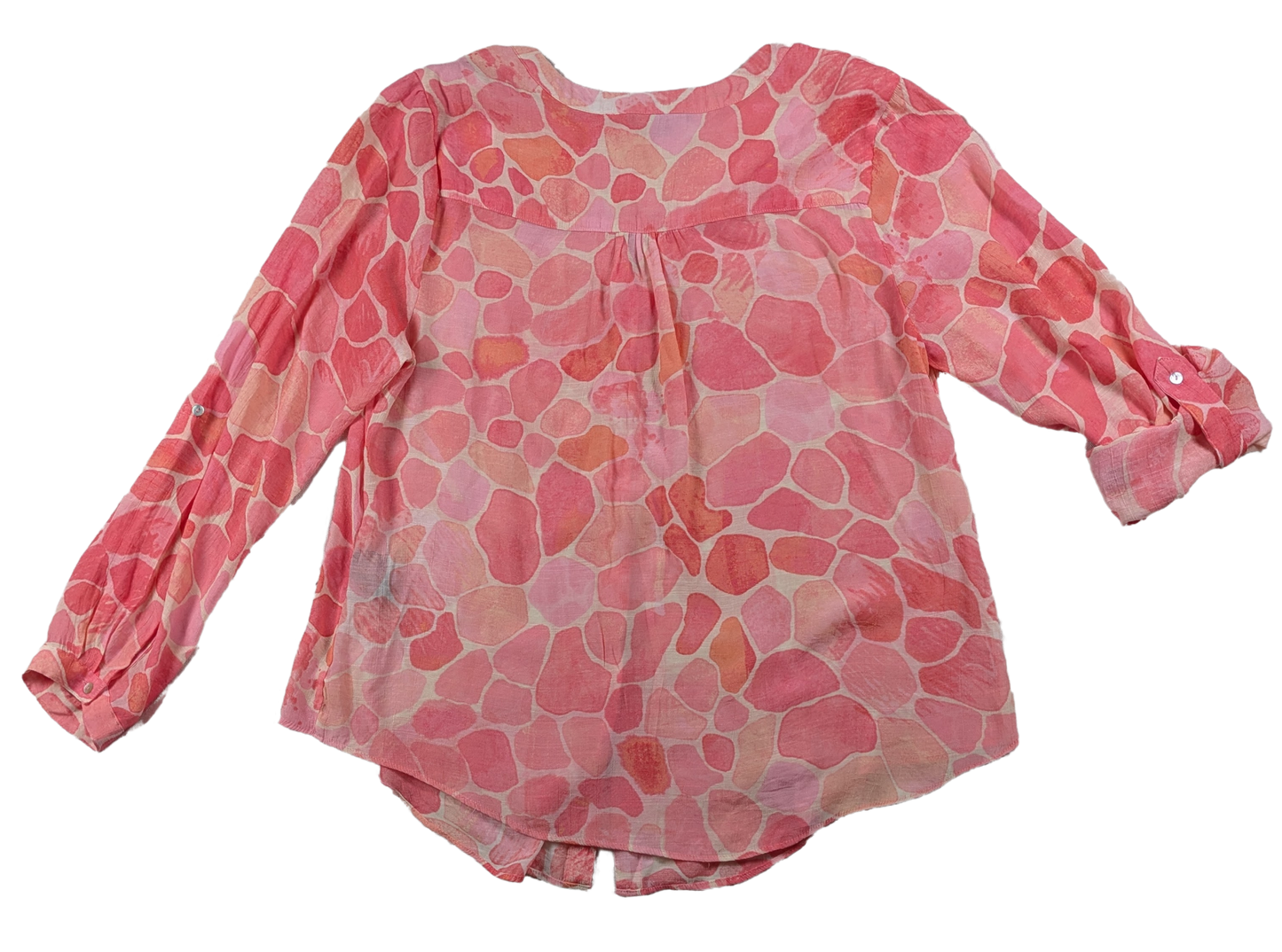Zac & Rachel Pink Print Long Sleeve Blouse Size XL This Zac & Rachel blouse is a playful addition to your wardrobe. With a V neck, button-up front, and roll tab slee