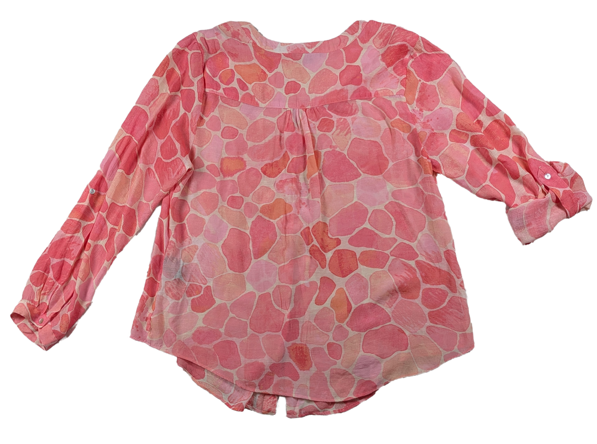 Zac & Rachel Pink Print Long Sleeve Blouse Size XL This Zac & Rachel blouse is a playful addition to your wardrobe. With a V neck, button-up front, and roll tab slee