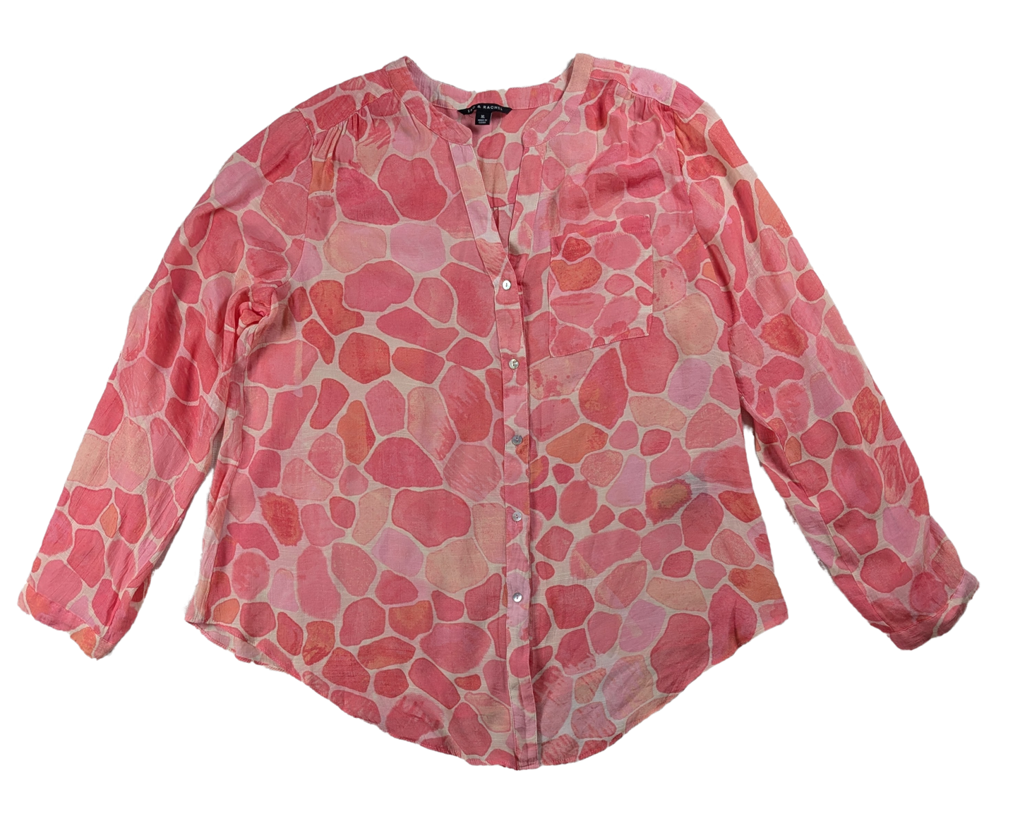 Zac & Rachel Pink Print Long Sleeve Blouse Size XL This Zac & Rachel blouse is a playful addition to your wardrobe. With a V neck, button-up front, and roll tab slee