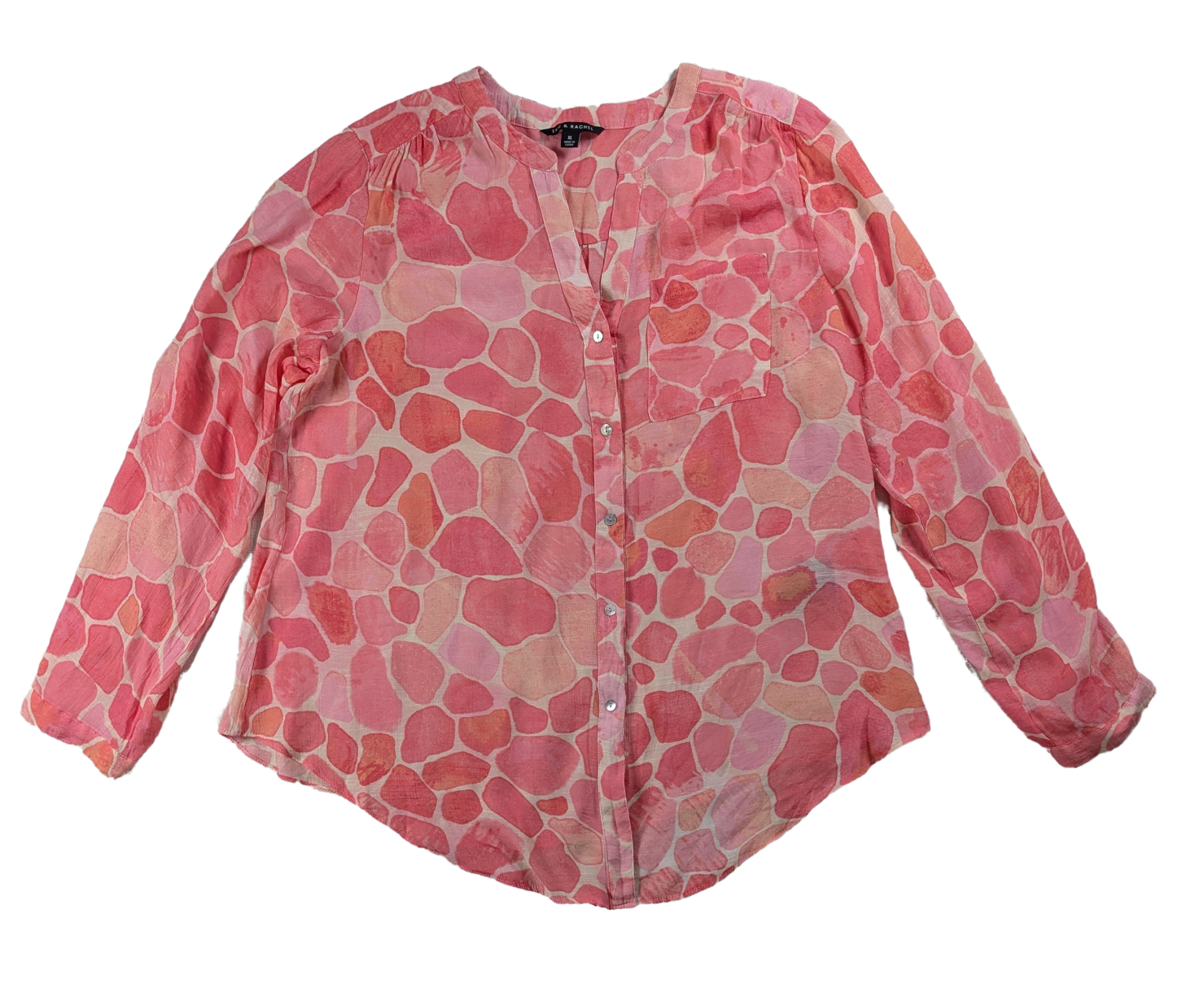 Zac & Rachel Pink Print Long Sleeve Blouse Size XL This Zac & Rachel blouse is a playful addition to your wardrobe. With a V neck, button-up front, and roll tab slee