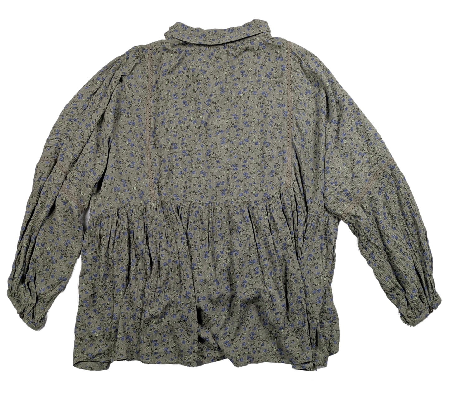 Lucky Brand Floral Popover Boho Blouse Sage Green with Blue Flowers Size Large