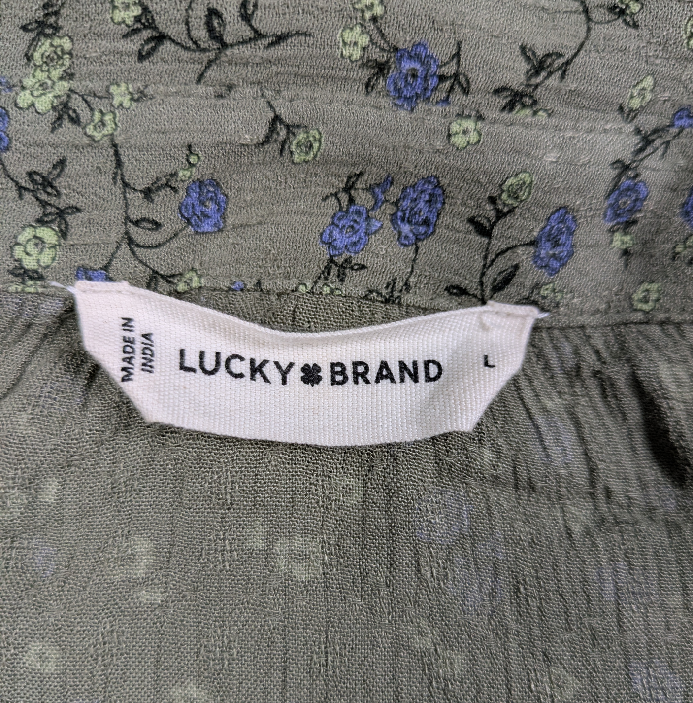 Lucky Brand Floral Popover Boho Blouse Sage Green with Blue Flowers Size Large