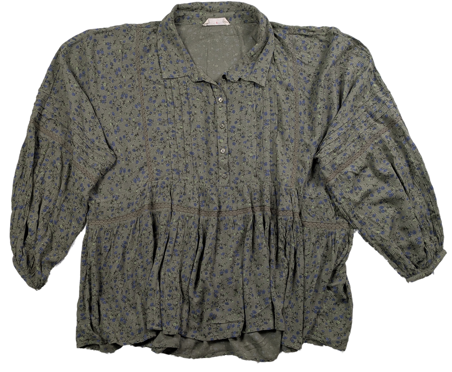 Lucky Brand Floral Popover Boho Blouse Sage Green with Blue Flowers Size Large