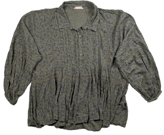 Lucky Brand Floral Popover Boho Blouse Sage Green with Blue Flowers Size Large