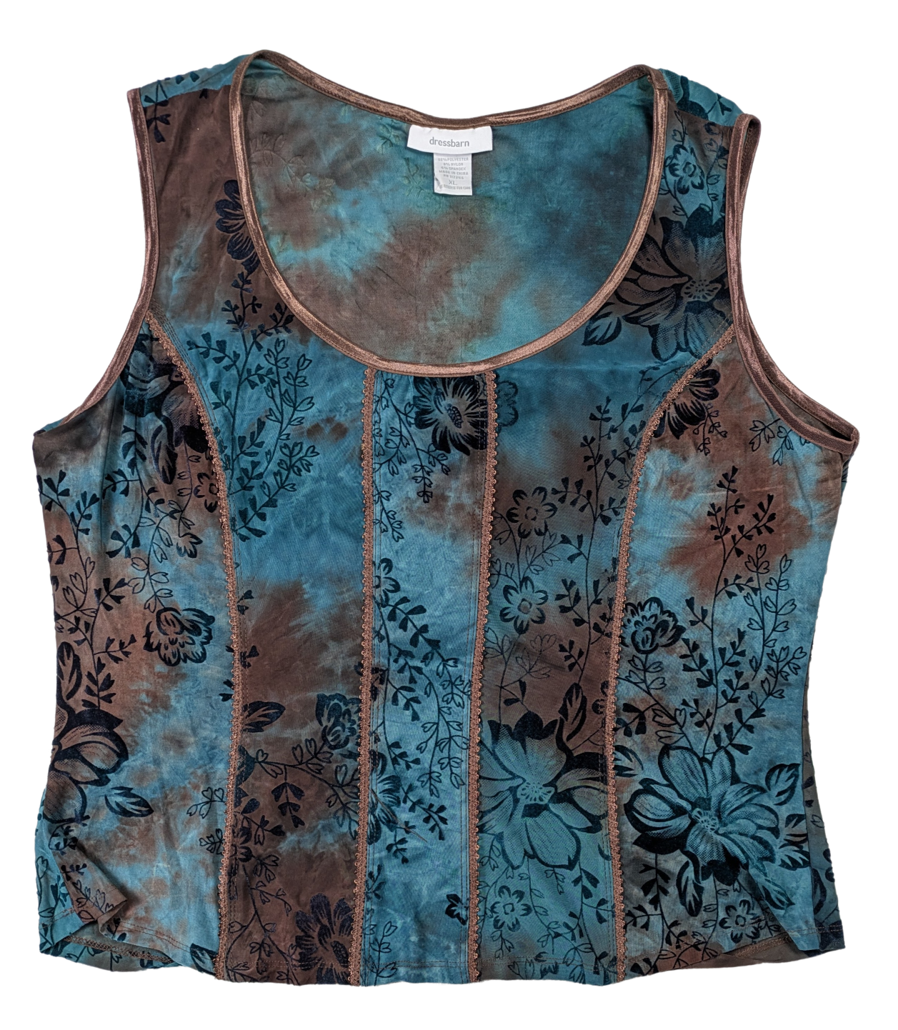 Dressbarn Sleeveless Teal and Brown Corset-Style Top Size XL Boho Fair Add some boho flair to your wardrobe with this Dressbarn Sleeveless Teal and Brown Top! The un