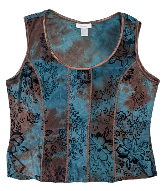 Dressbarn Sleeveless Teal and Brown Corset-Style Top Size XL Boho Fair Add some boho flair to your wardrobe with this Dressbarn Sleeveless Teal and Brown Top! The un