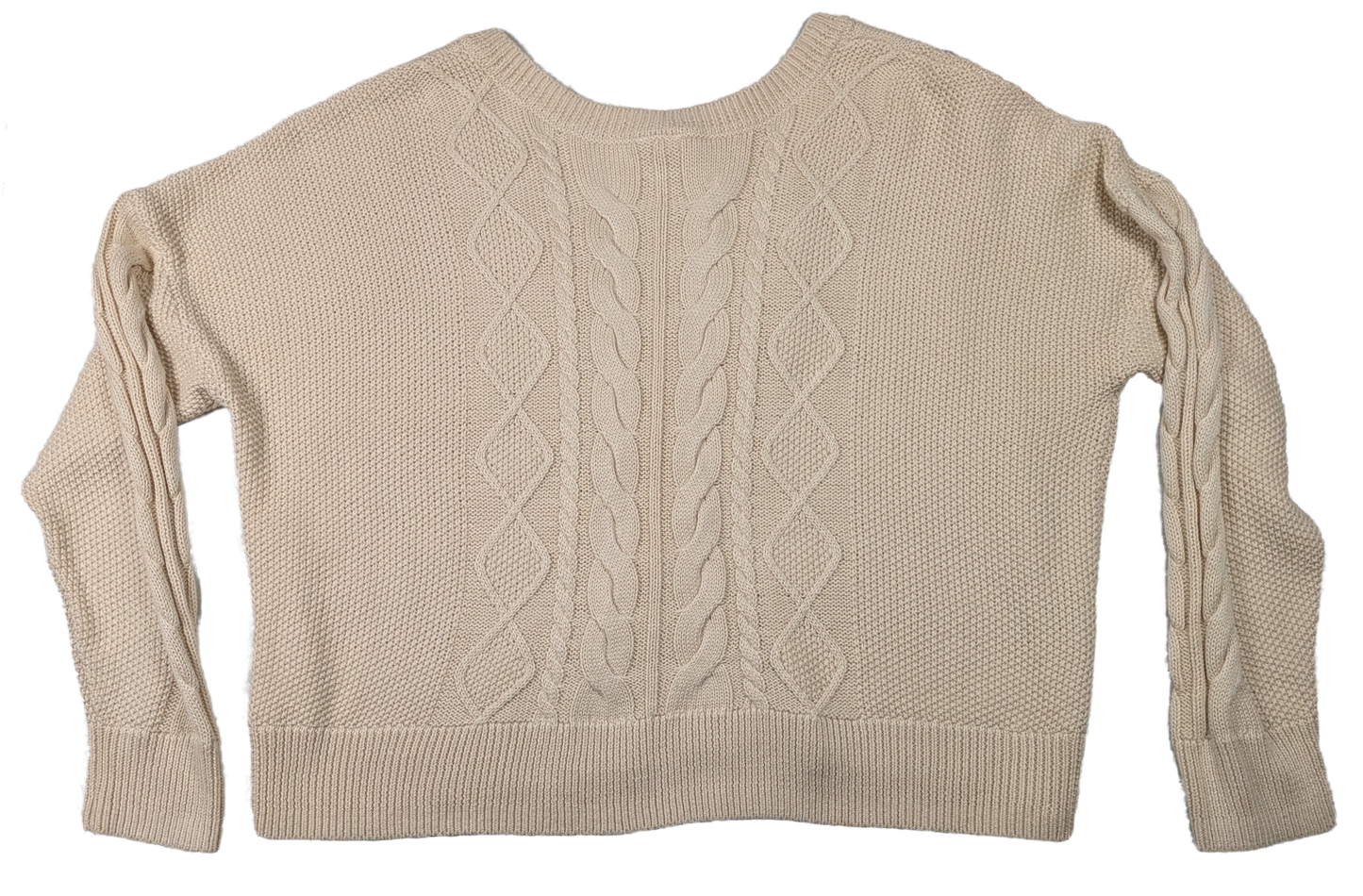 Cabi Long Sleeve Cropped Cable Knit Cream Sweater Size Large Cuddle up in this quirky Cabi cable knit sweater, perfect for chilly days. With its cozy long sleeves, c