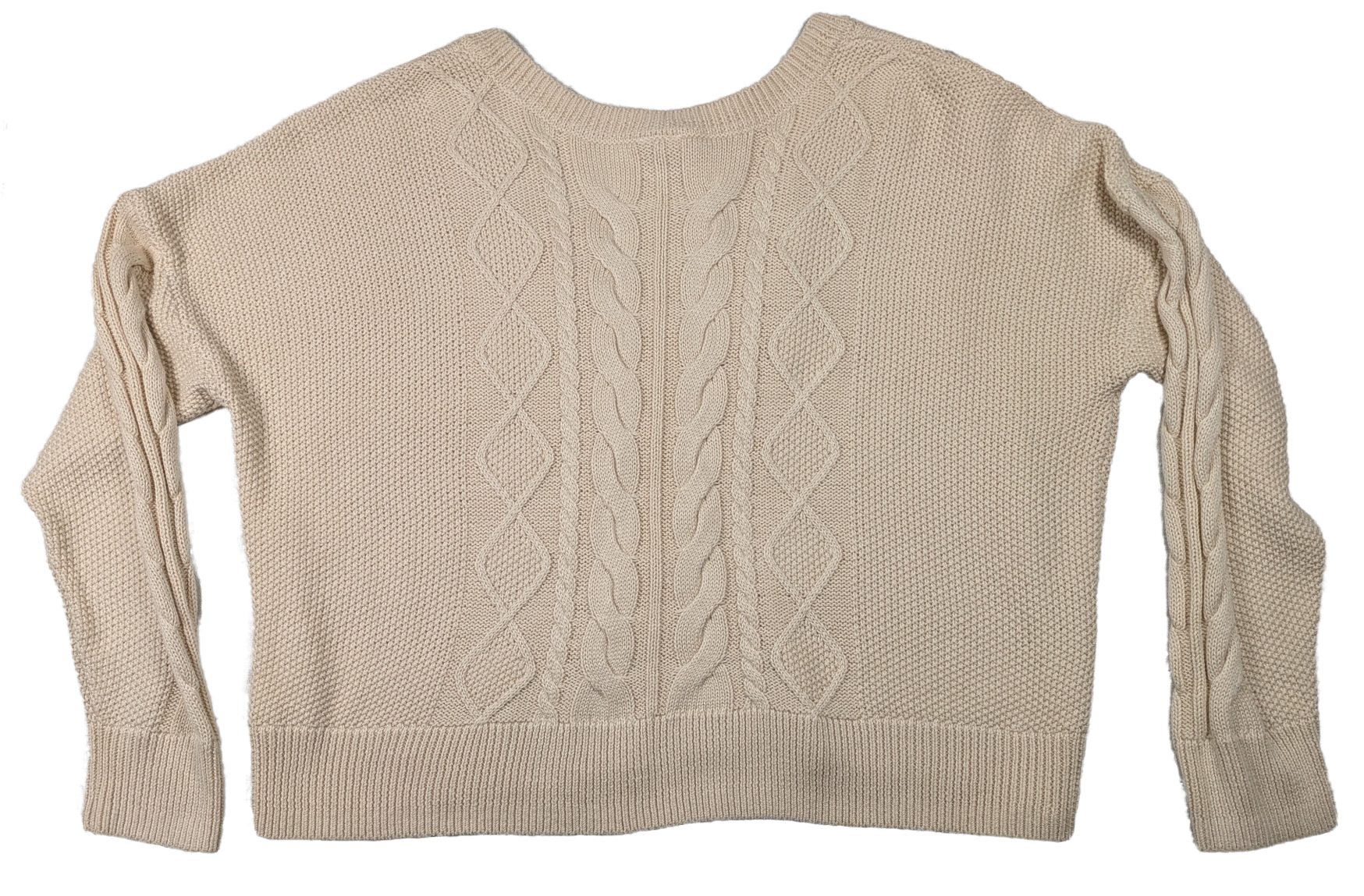 Cabi Long Sleeve Cropped Cable Knit Cream Sweater Size Large Cuddle up in this quirky Cabi cable knit sweater, perfect for chilly days. With its cozy long sleeves, c
