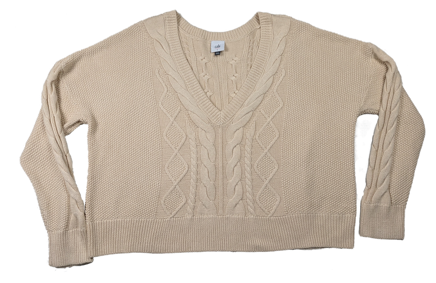 Cabi Long Sleeve Cropped Cable Knit Cream Sweater Size Large Cuddle up in this quirky Cabi cable knit sweater, perfect for chilly days. With its cozy long sleeves, c