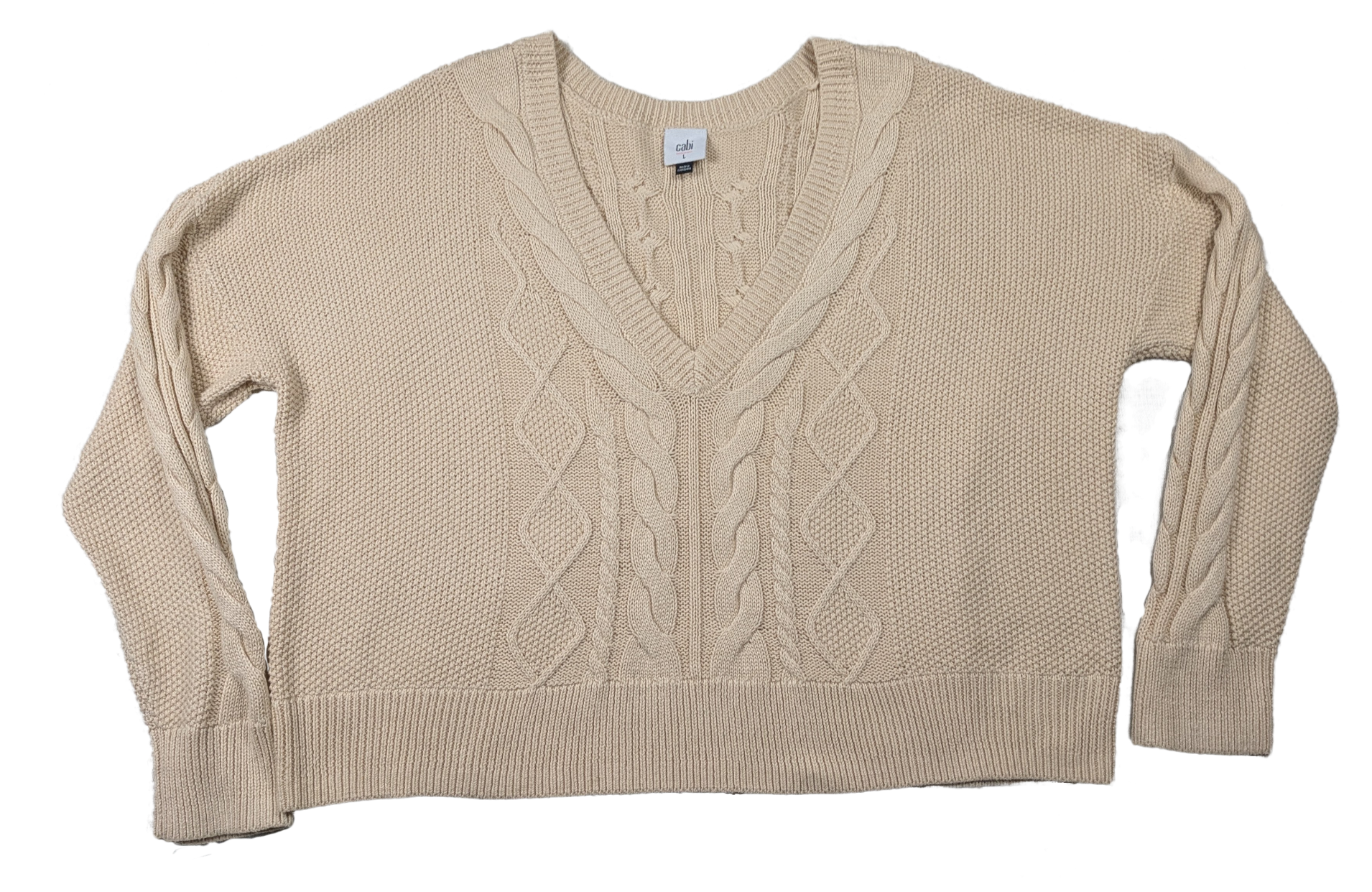 Cabi Long Sleeve Cropped Cable Knit Cream Sweater Size Large Cuddle up in this quirky Cabi cable knit sweater, perfect for chilly days. With its cozy long sleeves, c
