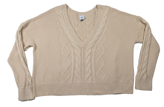 Cabi Long Sleeve Cropped Cable Knit Cream Sweater Size Large Cuddle up in this quirky Cabi cable knit sweater, perfect for chilly days. With its cozy long sleeves, c
