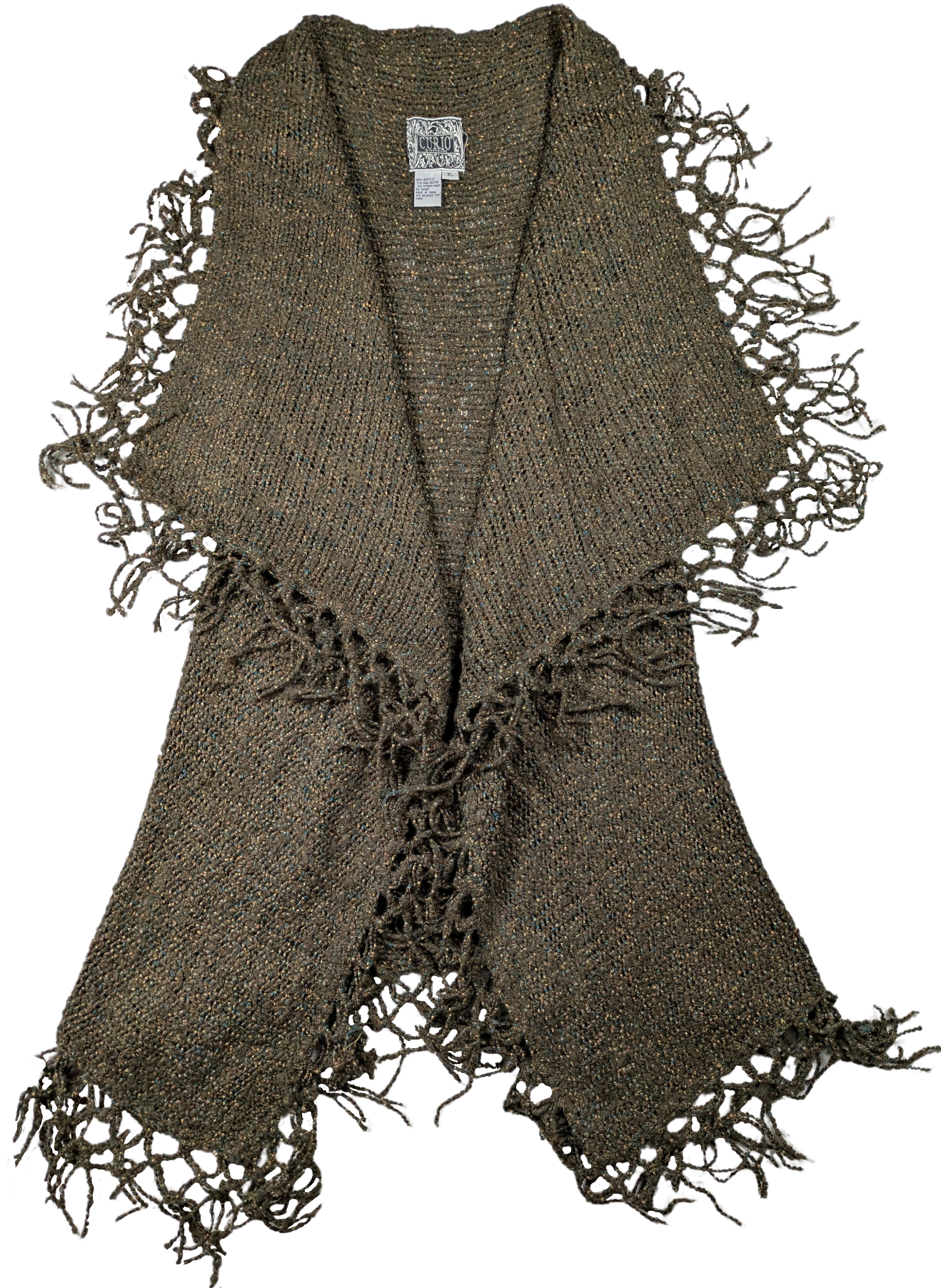 Curio Fringed Olive Green Open-front Long Sweater Vest Size XL Introducing our Curio Fringed Olive Green Sweater Vest! This open-front vest offers a boho twist with 