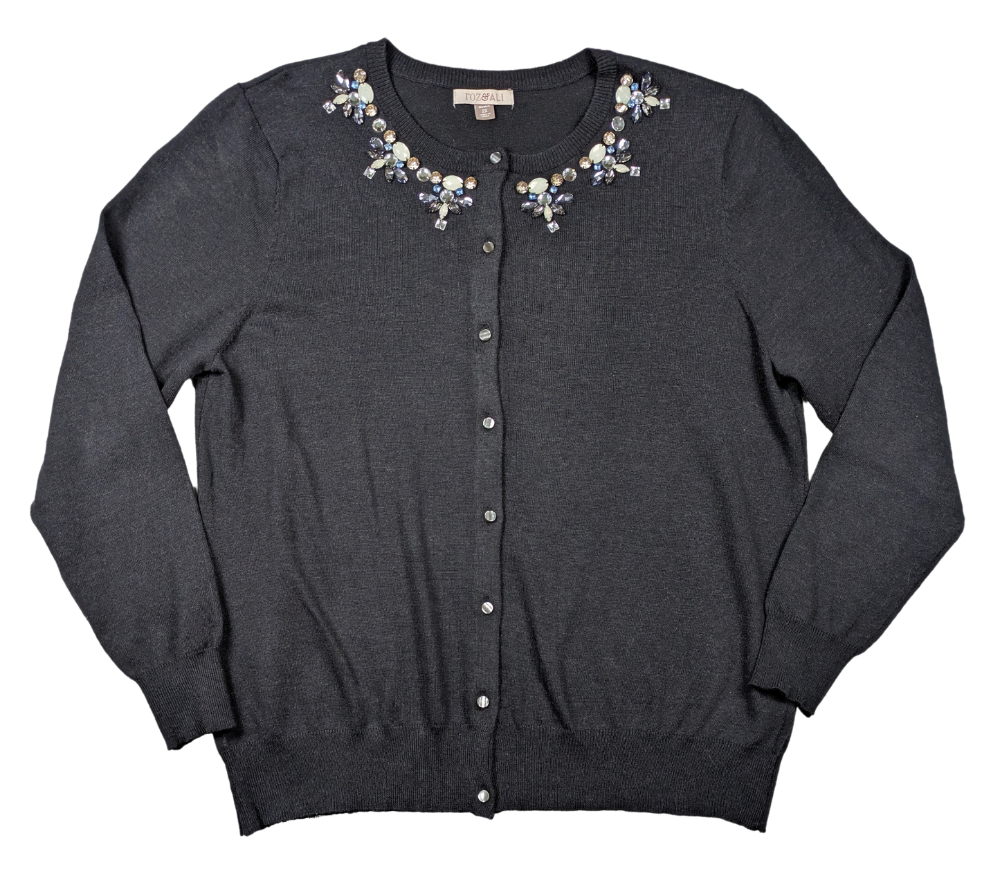 Roz & Ali Bejeweled Gray Cardigan Sweater Size 2X Stay warm and stylish with the Roz &amp; Ali Bejeweled Gray Cardigan Sweater. Made from high-quality charcoal gray 