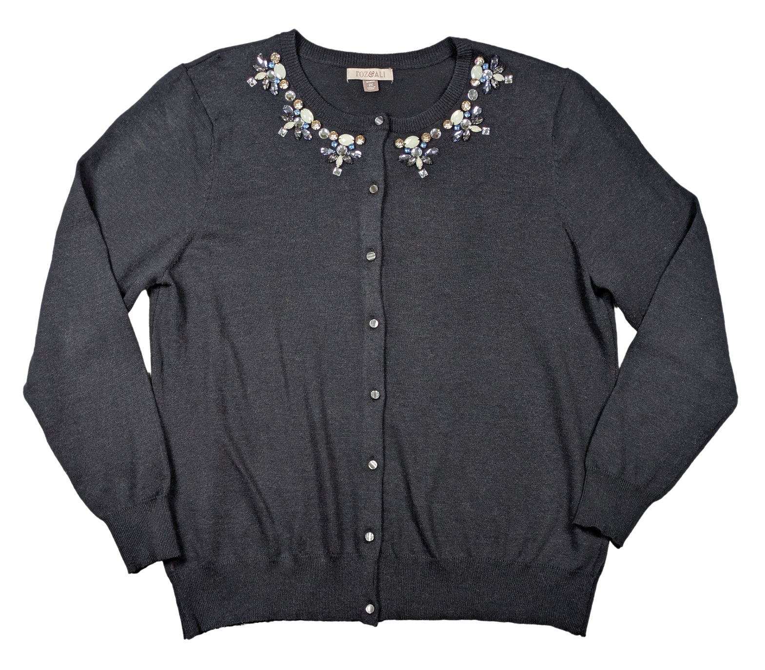 Roz & Ali Bejeweled Gray Cardigan Sweater Size 2X Stay warm and stylish with the Roz &amp; Ali Bejeweled Gray Cardigan Sweater. Made from high-quality charcoal gray 