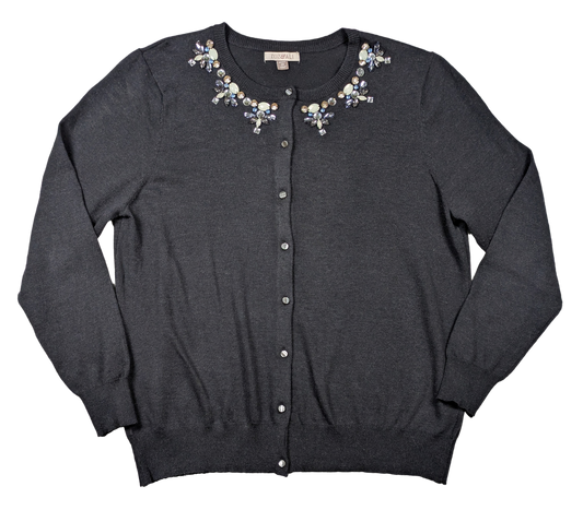 Roz & Ali Bejeweled Gray Cardigan Sweater Size 2X Stay warm and stylish with the Roz &amp; Ali Bejeweled Gray Cardigan Sweater. Made from high-quality charcoal gray 