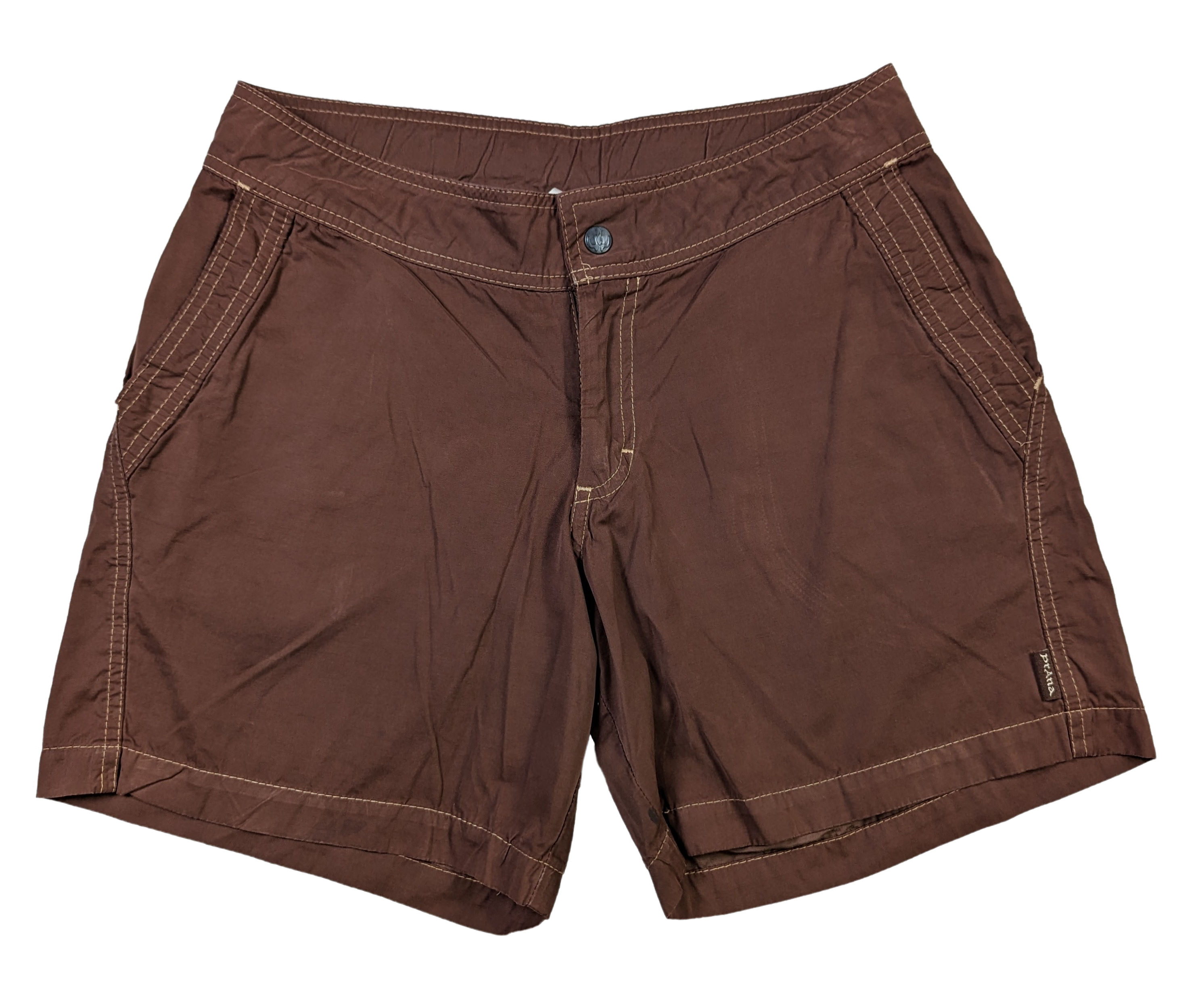 prAna Brown Outdoor Hiking Shorts Size Medium Unleash your adventurous spirit with these Prana outdoor hiking shorts. The medium size, 5.5 inseam, and white topstitc