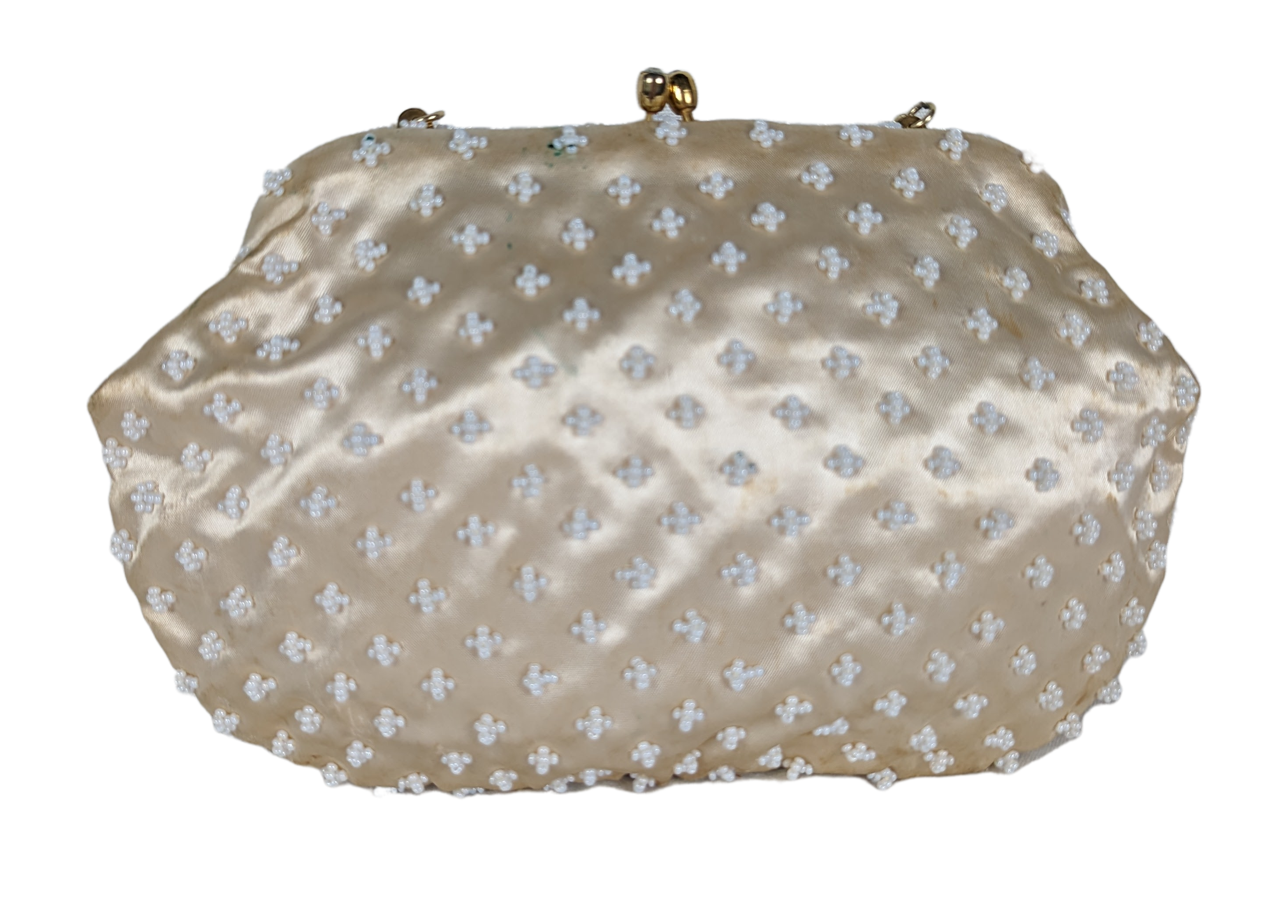 Vintage Richere Bag by Walborg Cream Beaded Handbag  Elevate your style with the Vintage Richere Bag by Walborg. This cream beaded handbag features a luxurious gold 