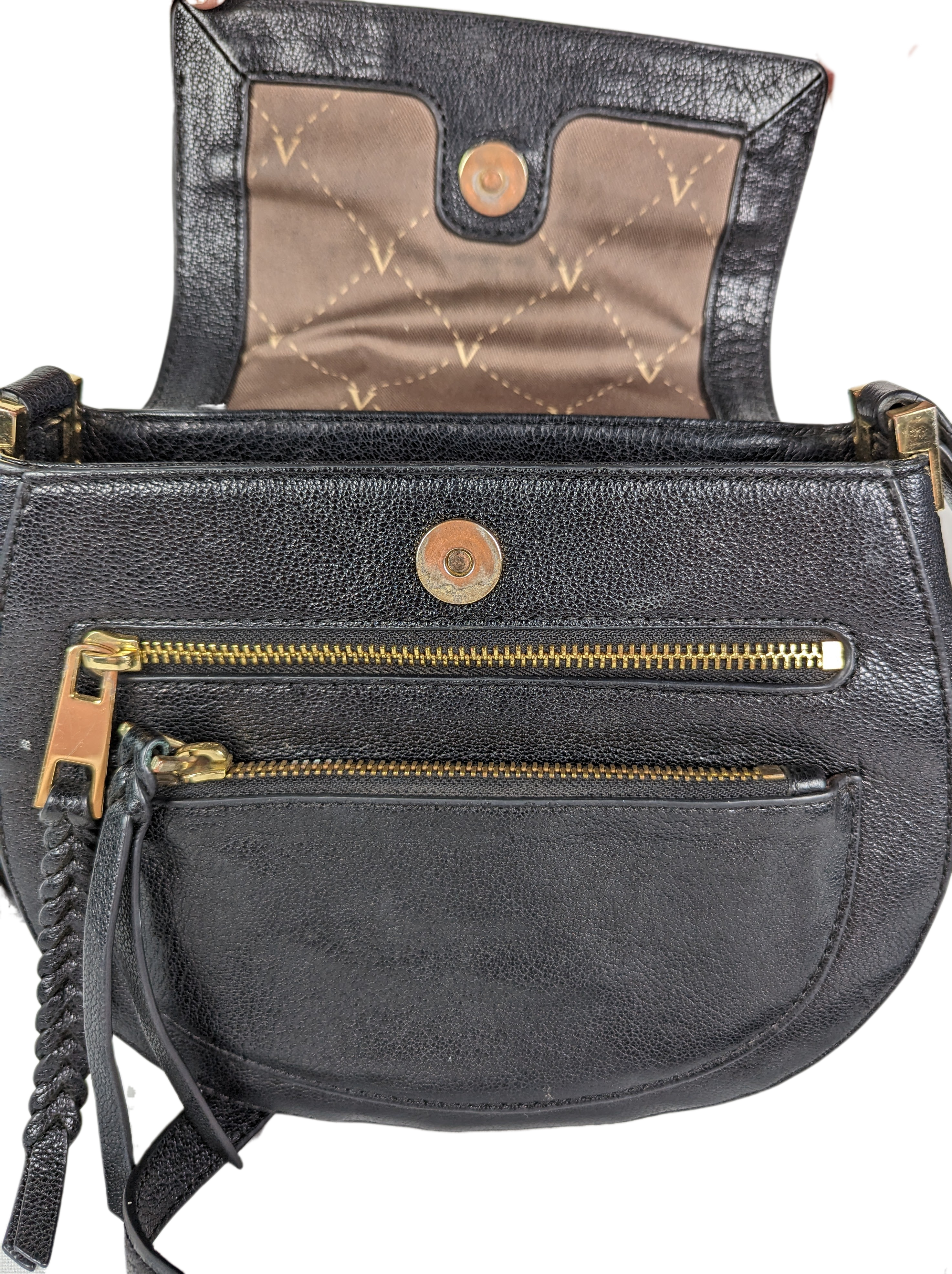 Vince Camuto Black Leather Crossbody Great crossbody with lots of pockets, a flap closure and a nice long strap.Measurements:  L - 9"  W - 3"  H - 8"  Strap - 46"+HandbagVince Camuto Black Leather CrossbodyVince Camuto Black Leather Crossbody