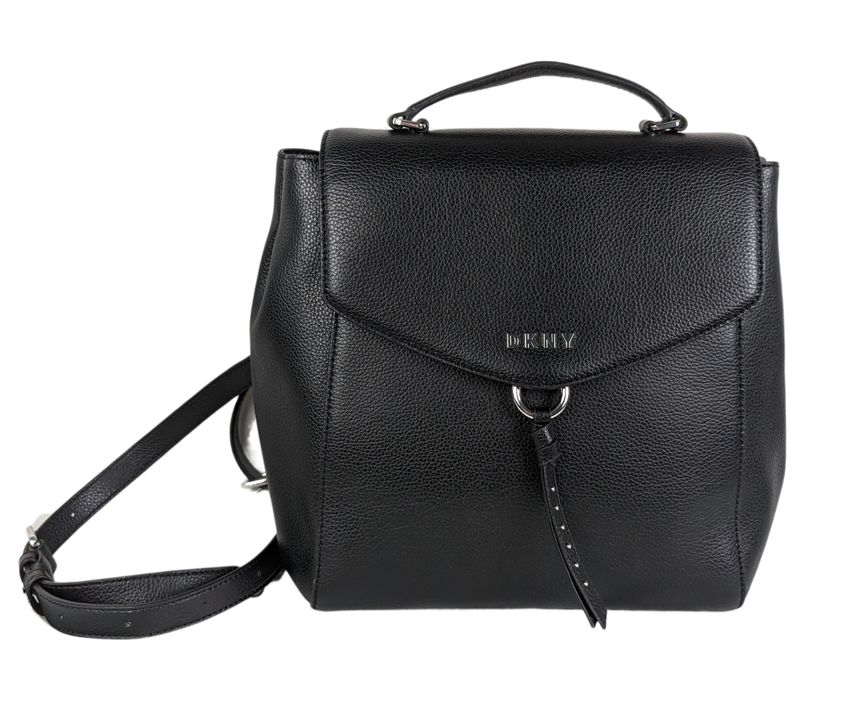 DKNYStylish version of the indispensable backpack, with lots of room for your daily essentials!  In excellent condition!
Measures:  L - 10"  W - 3"  H - 11 1/2"  Strap -HandbagDKNY Black Leather Backpack EUCDKNY Black Leather Backpack EUC