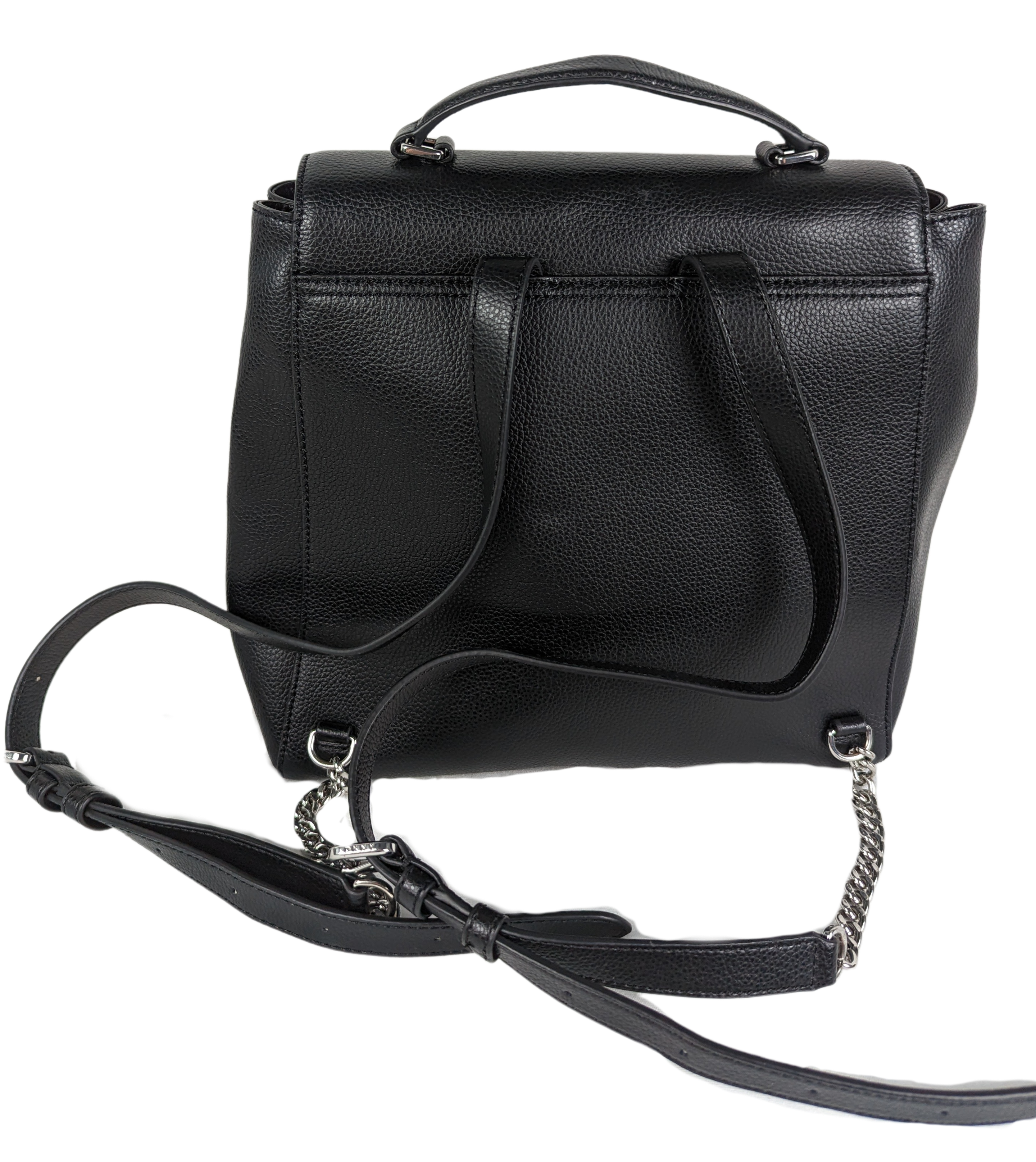 DKNYStylish version of the indispensable backpack, with lots of room for your daily essentials!  In excellent condition!
Measures:  L - 10"  W - 3"  H - 11 1/2"  Strap -HandbagDKNY Black Leather Backpack EUCDKNY Black Leather Backpack EUC