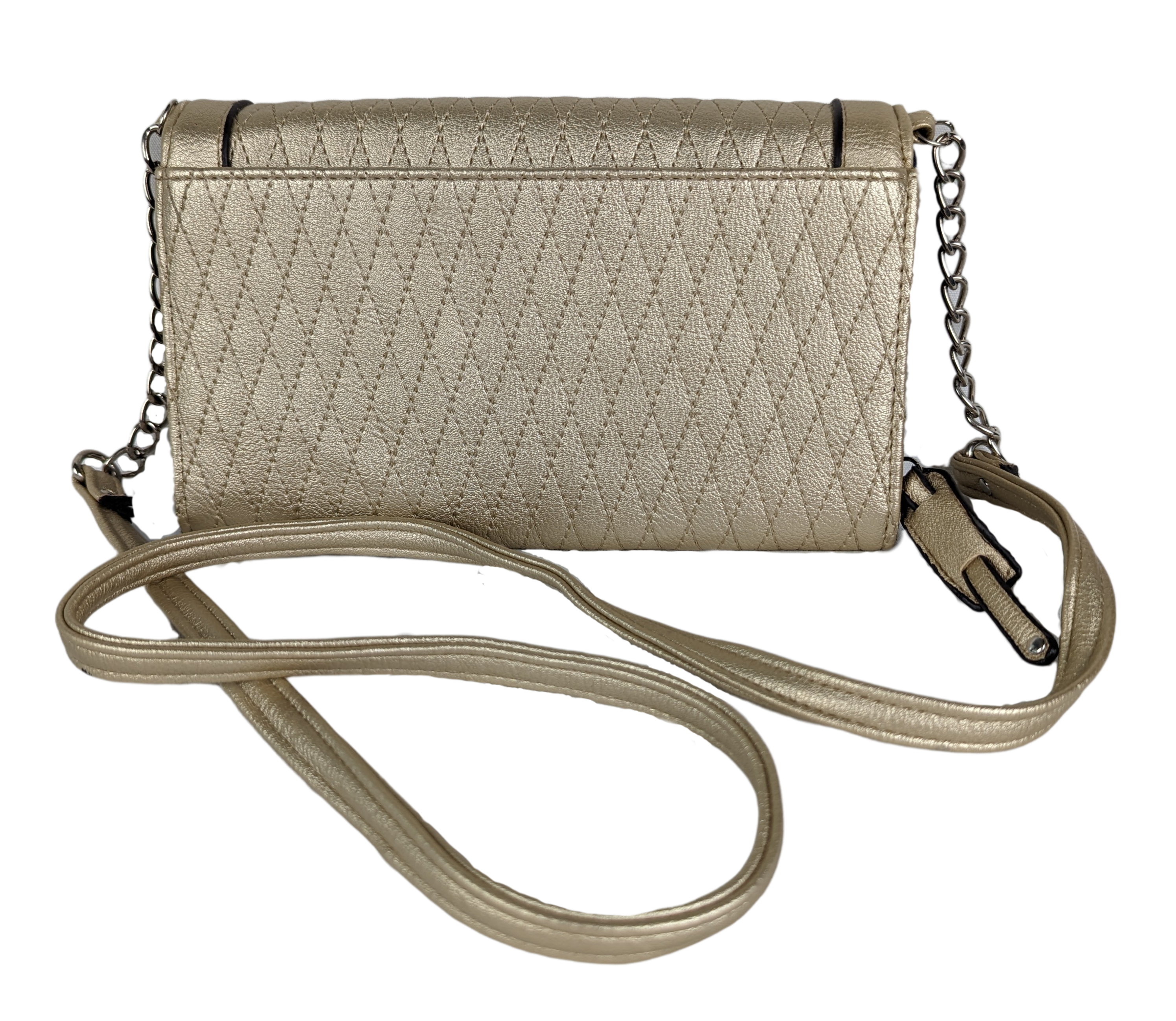 Franco SartoGood looking bag for everyday use, or for a special event!
Measurements:  L - 8 1/2"  W - 1"  H - 5 1/2"  Strap - 48"HandbagFranco Sarto Light Gold CrossbodyFranco Sarto Light Gold Crossbody