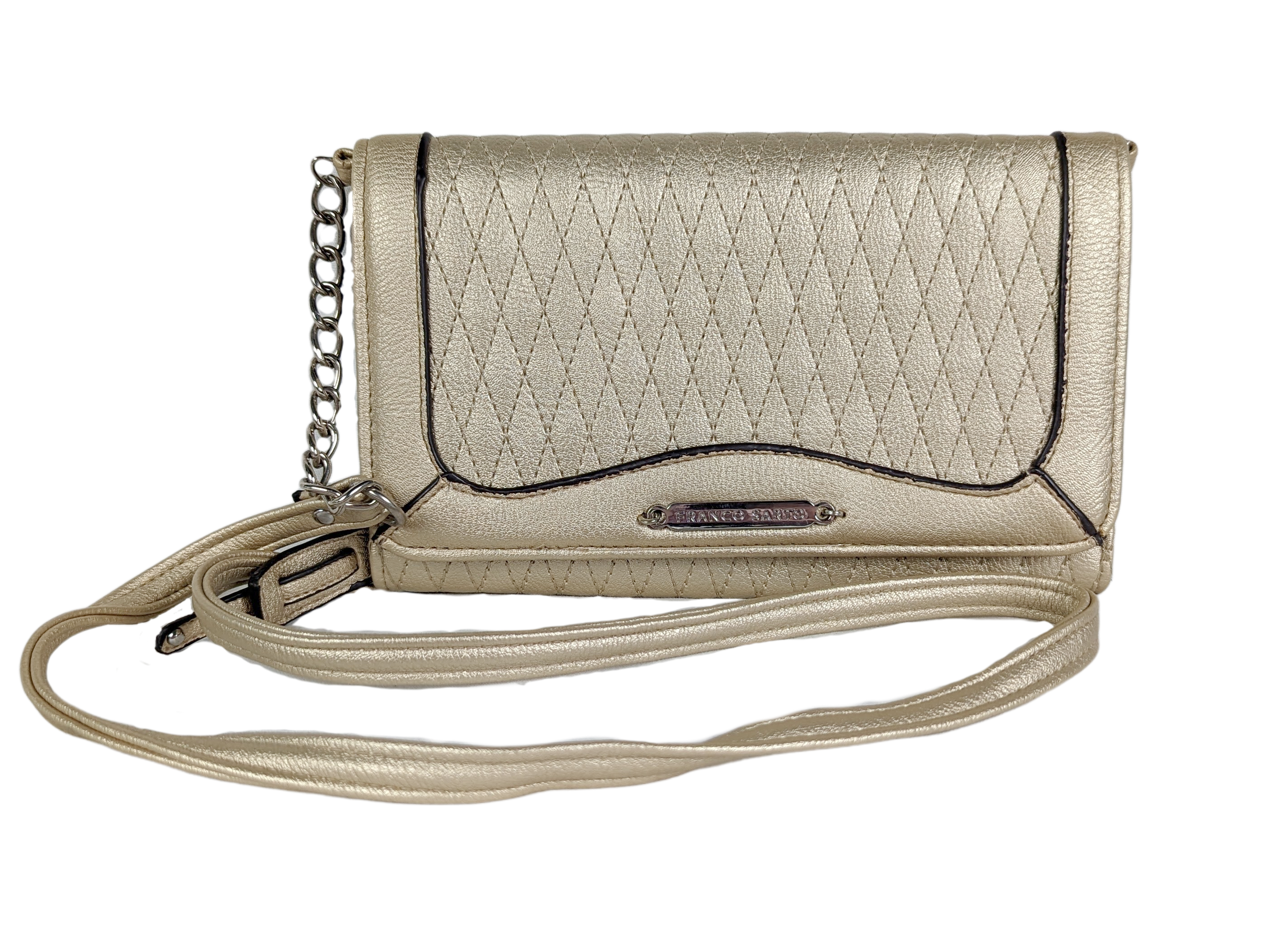 Franco SartoGood looking bag for everyday use, or for a special event!
Measurements:  L - 8 1/2"  W - 1"  H - 5 1/2"  Strap - 48"HandbagFranco Sarto Light Gold CrossbodyFranco Sarto Light Gold Crossbody