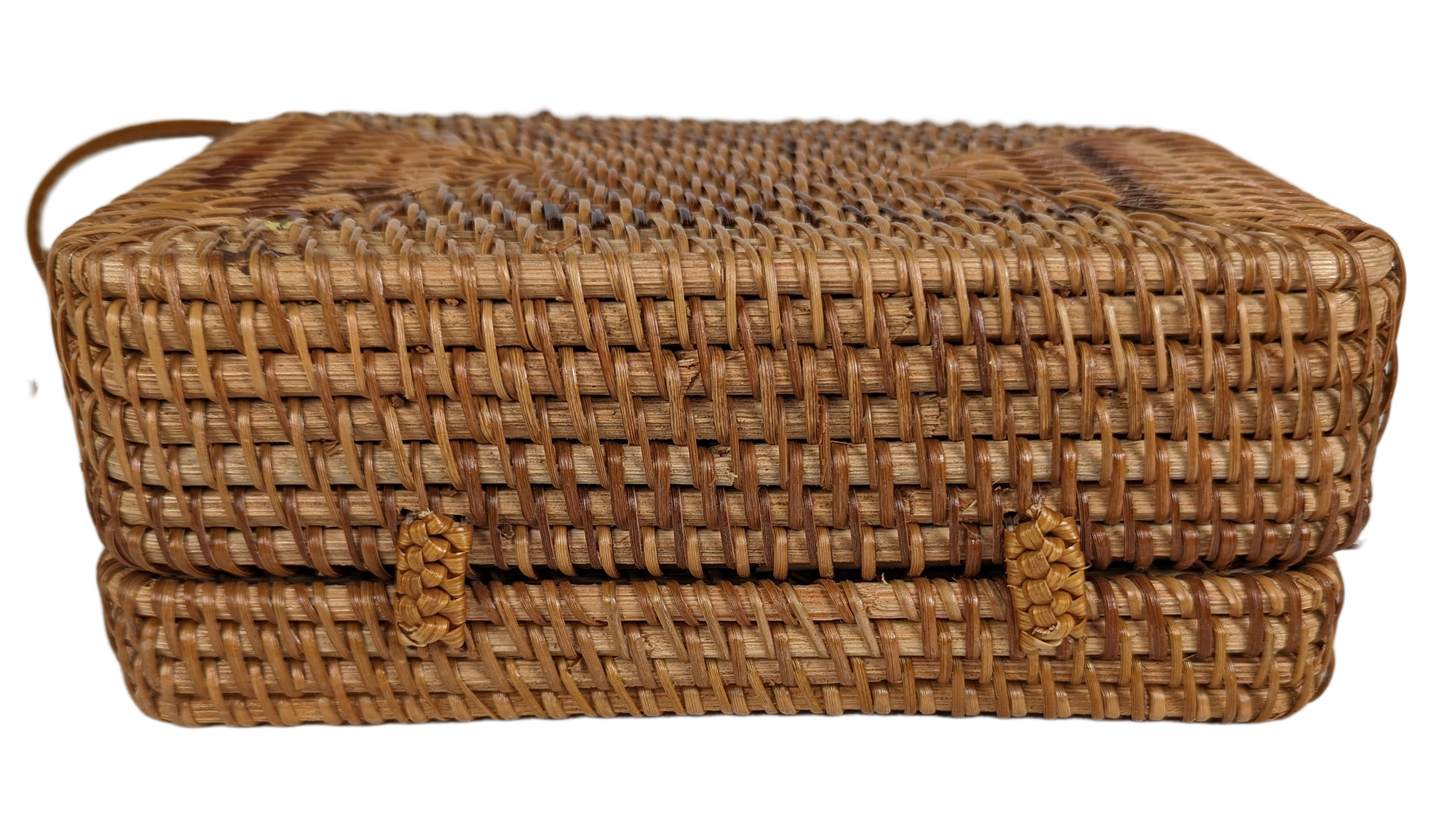  Rectangular Wicker Handbag with Leather Strap and Closure Perfect for summertime, this little purse is ideal for a day shopping or out to brunch.  Measurements:  L - 7 1/2"   W - 3"    H - 5"   Strap - 50"HandbagWicker Rectangular Purse with Leather Strap and ClosureWicker Rectangular Purse