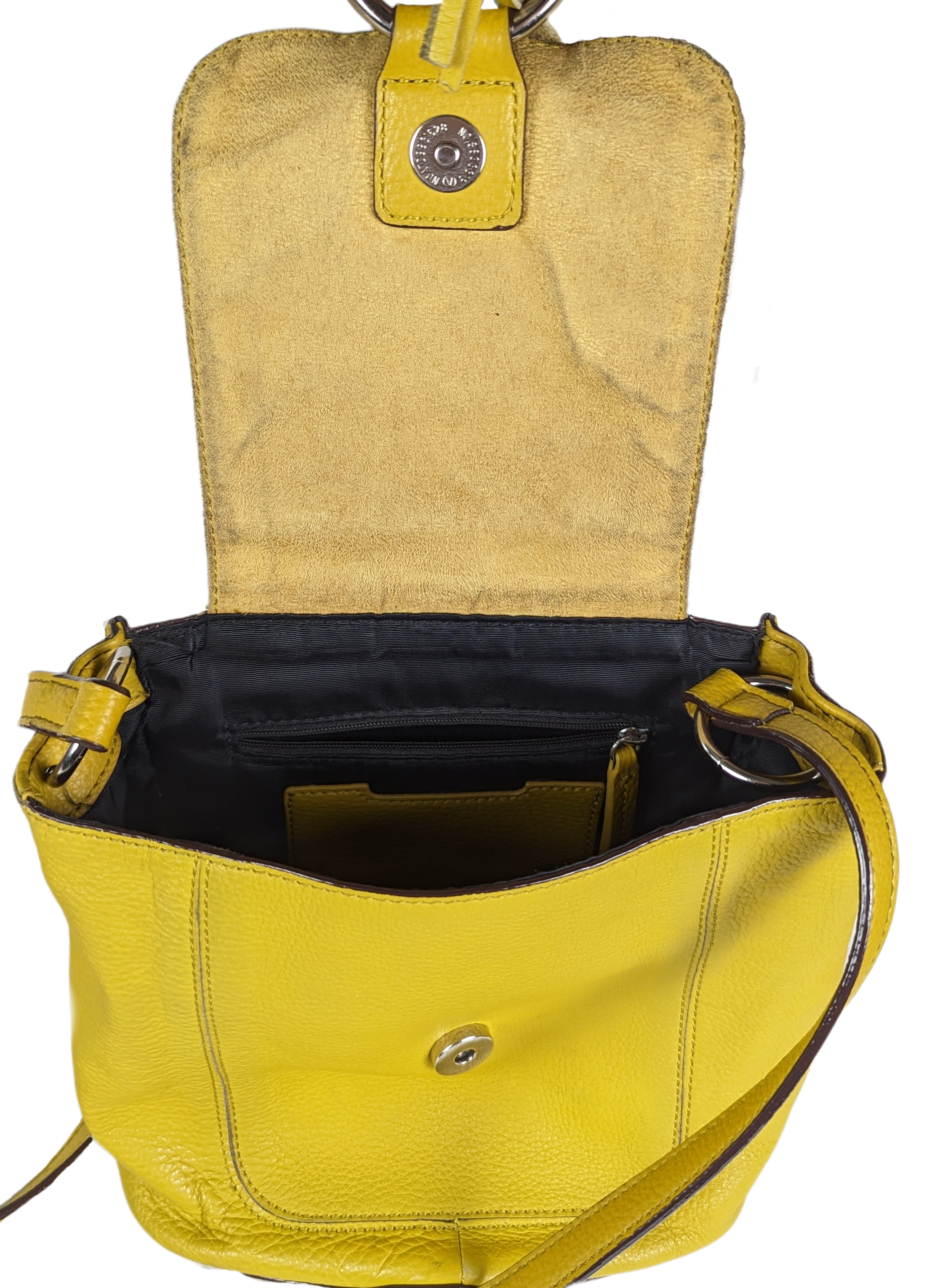 Sanctuary Yellow Leather Bucket Purse - Anthropology with adjustable strap.  Magnetic snap closure with tassel detail. Back pocket and lined interior with pockets. Minor diPurse, handbagSanctuary Yellow Leather Bucket Purse - AnthropoloySanctuary Yellow Leather Bucket Purse - Anthropoloy