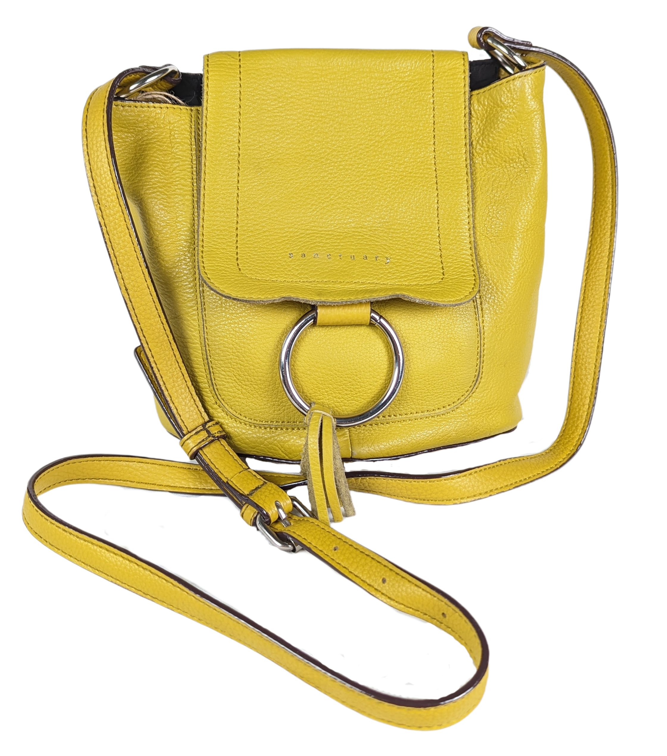 Sanctuary Yellow Leather Bucket Purse - Anthropology with adjustable strap.  Magnetic snap closure with tassel detail. Back pocket and lined interior with pockets. Minor diPurse, handbagSanctuary Yellow Leather Bucket Purse - AnthropoloySanctuary Yellow Leather Bucket Purse - Anthropoloy