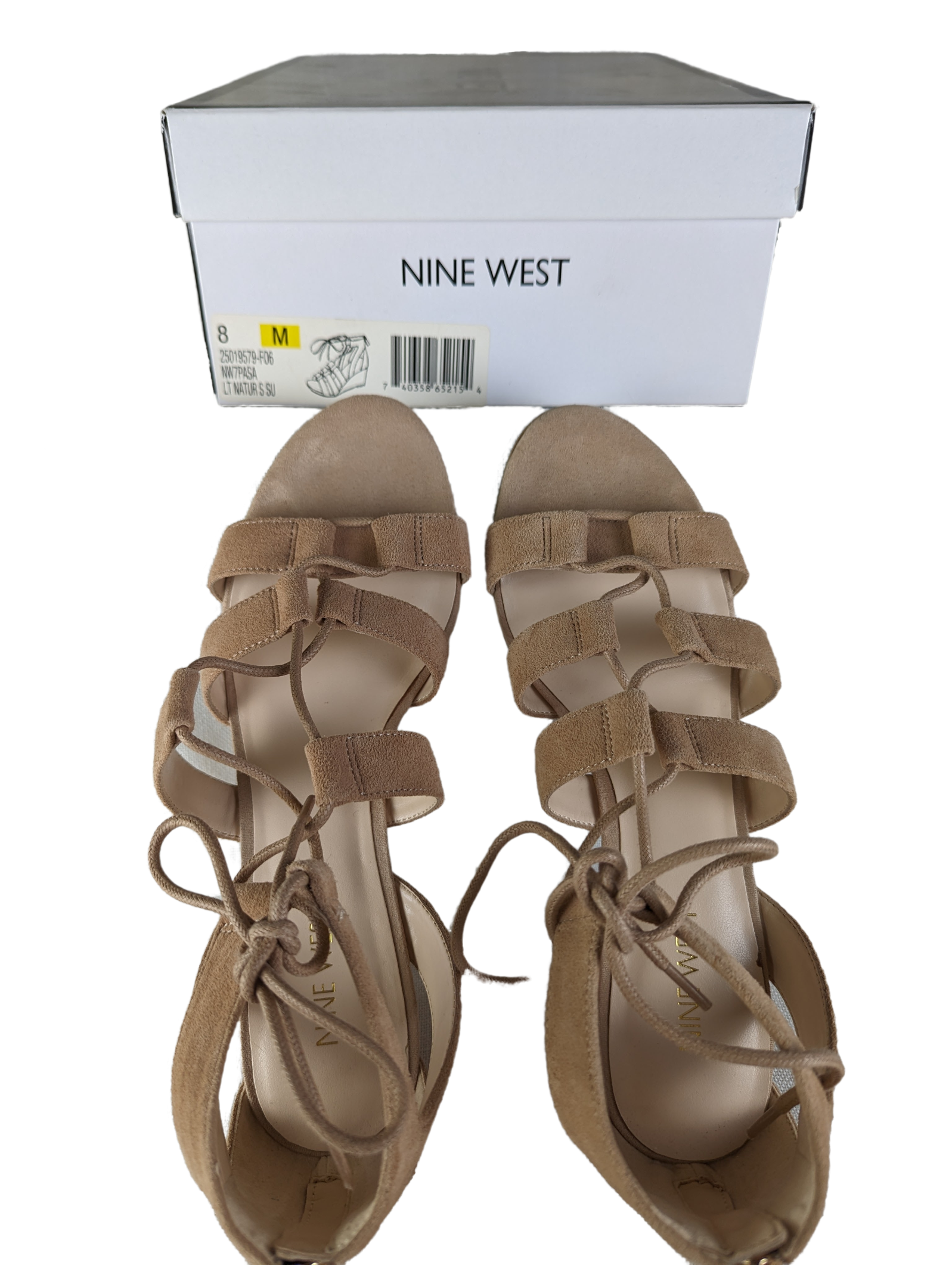 Nine West Tan Suede Wedge Gladiator Sandals Size 8 Step up your sandal game with these Nine West Tan Suede Wedge Gladiator sandals in size 8! The gladiator style add