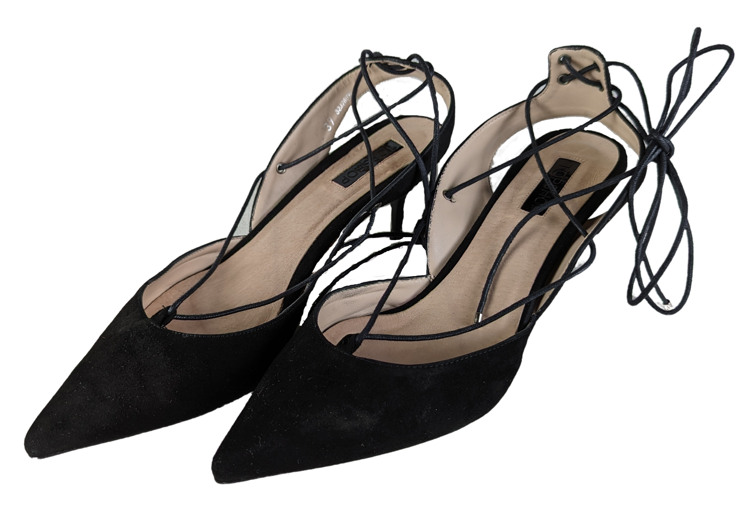 TopShop Jupiter Black Lace-up Heels Size 39 (8 1/2) Upgrade your shoe game with TopShop Jupiter Black Lace-up Heels. These fierce heels feature a pointy toe and lace