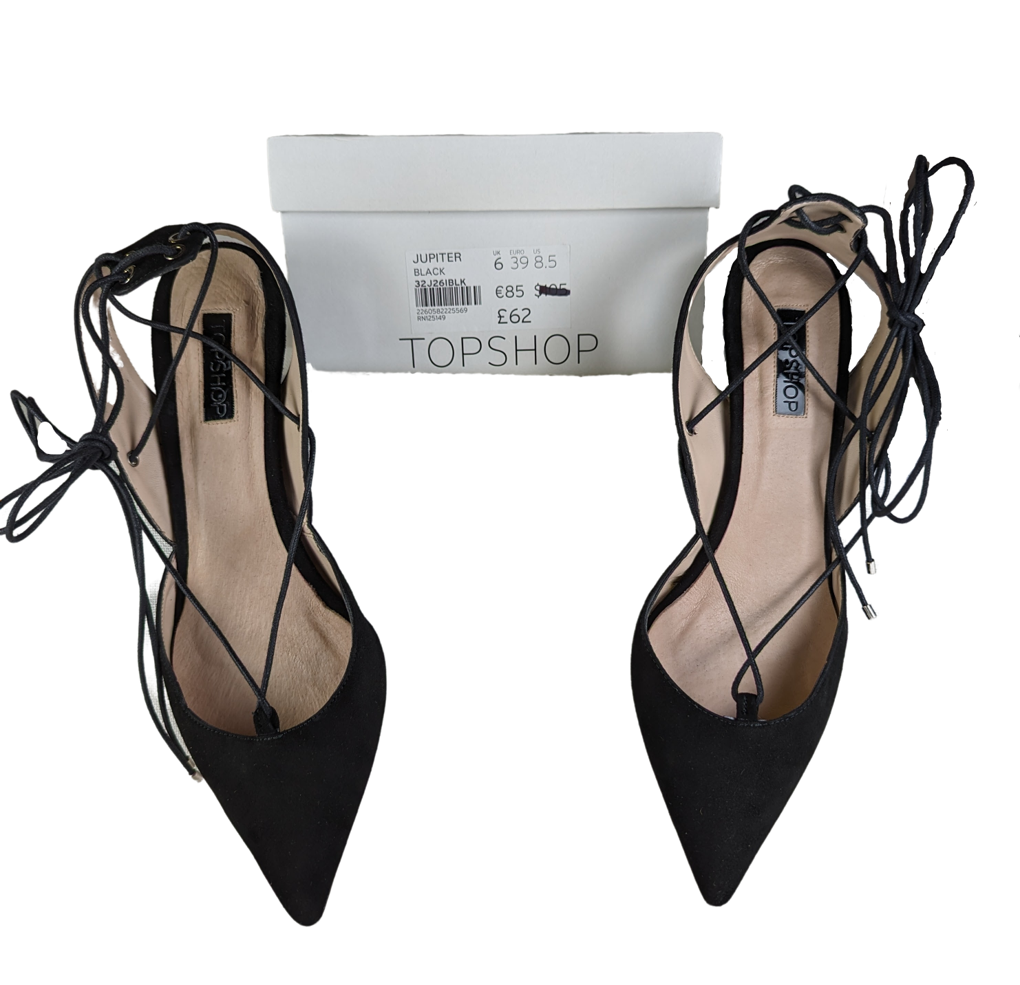 TopShop Jupiter Black Lace-up Heels Size 39 (8 1/2) Upgrade your shoe game with TopShop Jupiter Black Lace-up Heels. These fierce heels feature a pointy toe and lace