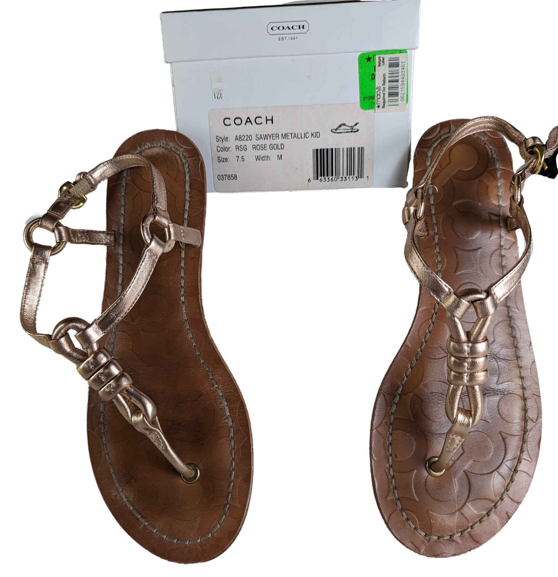 Coach Sawyer Rose Gold Leather Sandals Size 7.5 Strut your stuff in these Coach Sawyer Sandals! With a sleek rose gold leather design, these size 7.5 sandals offer a