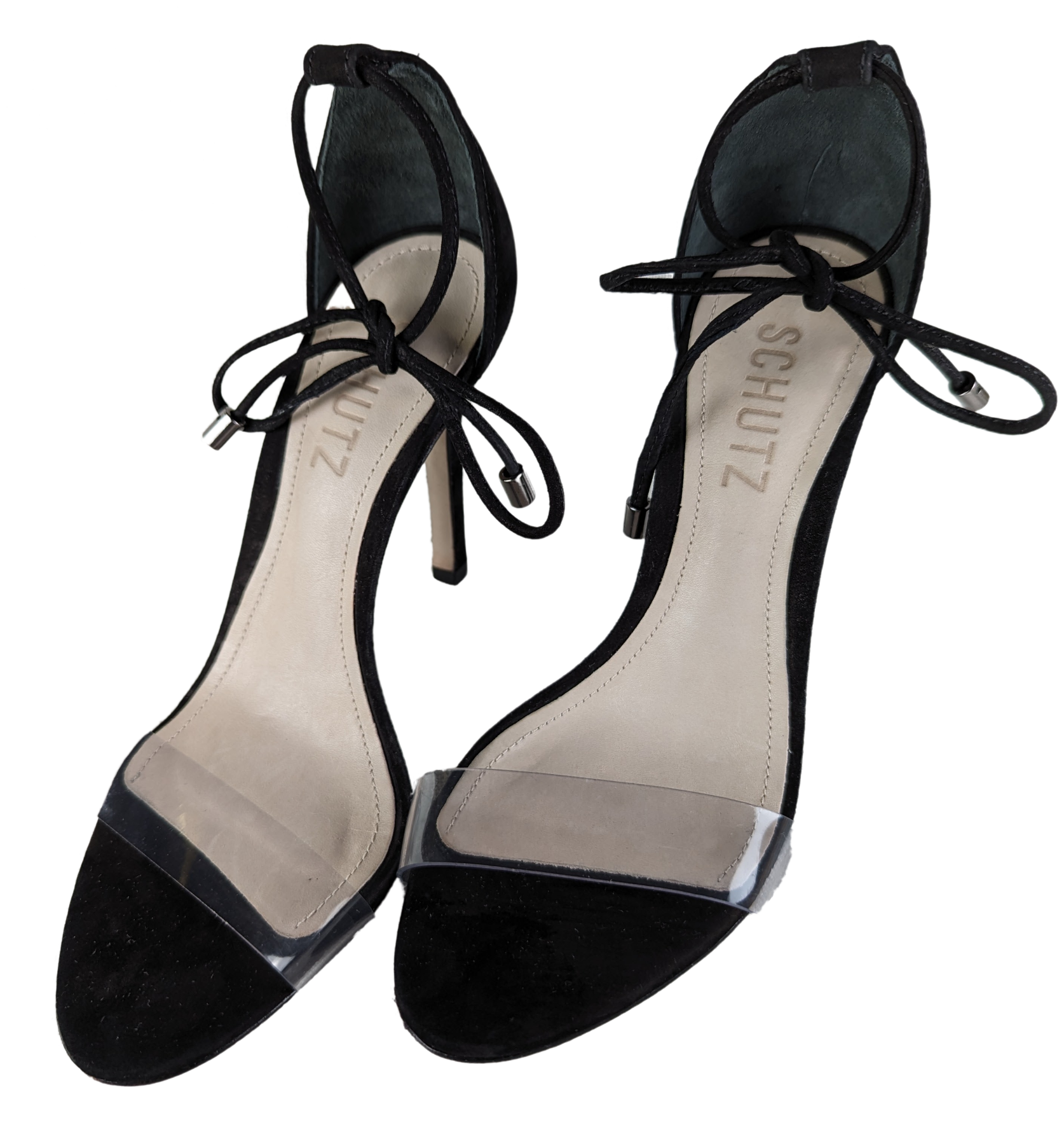 Schutz Black Suede Clear Strap Josseana Sandal Heels Size 5 Step out in style with these Schutz Black Suede Clear Strap Josseana Sandal Heels. The 4 inch heel adds a