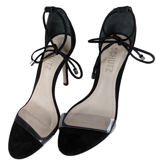 Schutz Black Suede Clear Strap Josseana Sandal Heels Size 5 Step out in style with these Schutz Black Suede Clear Strap Josseana Sandal Heels. The 4 inch heel adds a