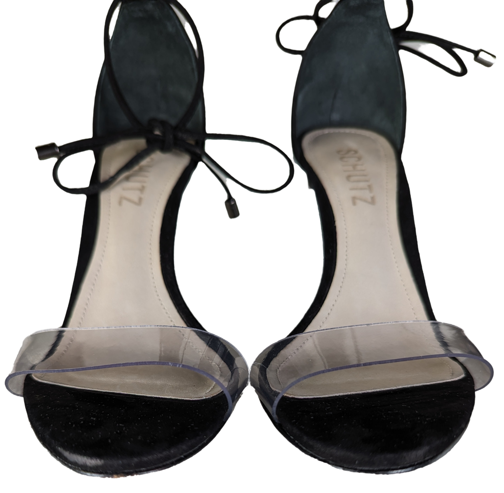 Schutz Black Suede Clear Strap Josseana Sandal Heels Size 5 Step out in style with these Schutz Black Suede Clear Strap Josseana Sandal Heels. The 4 inch heel adds a