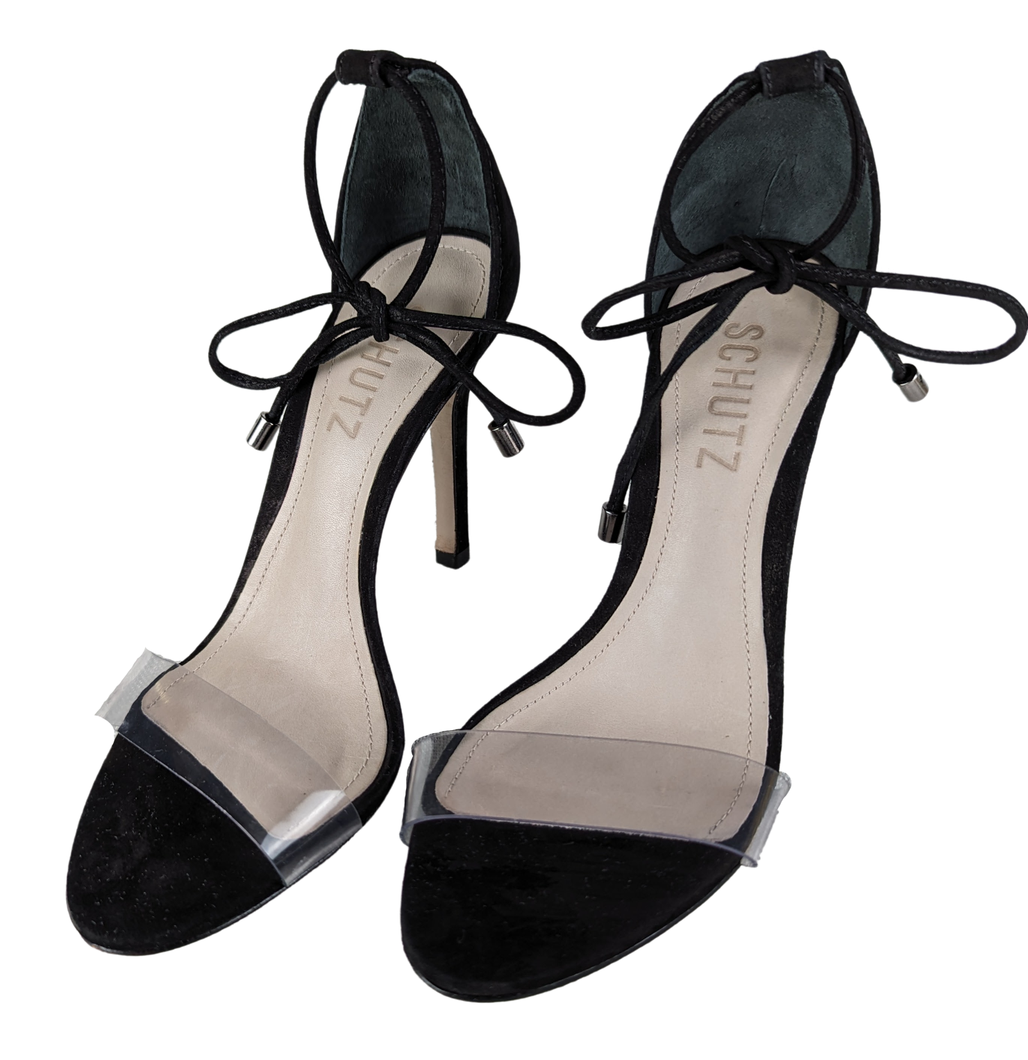 Schutz Black Suede Clear Strap Josseana Sandal Heels Size 5 Step out in style with these Schutz Black Suede Clear Strap Josseana Sandal Heels. The 4 inch heel adds a