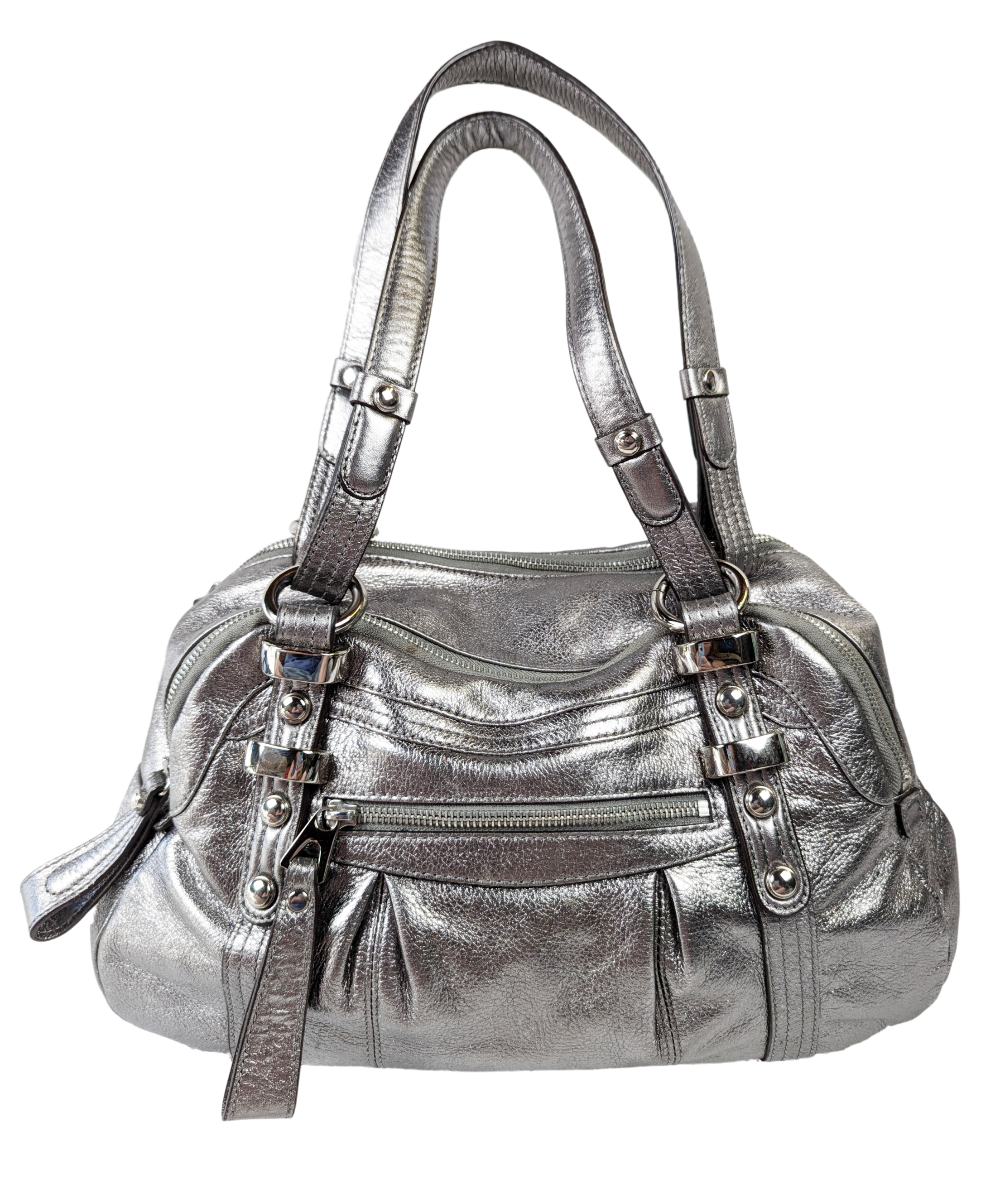 B. Makowsky Silver Leather Handbag with Animal Print Lining Unleash your wild side with the B. Makowsky Silver Leather Handbag! Featuring a playful animal print lini